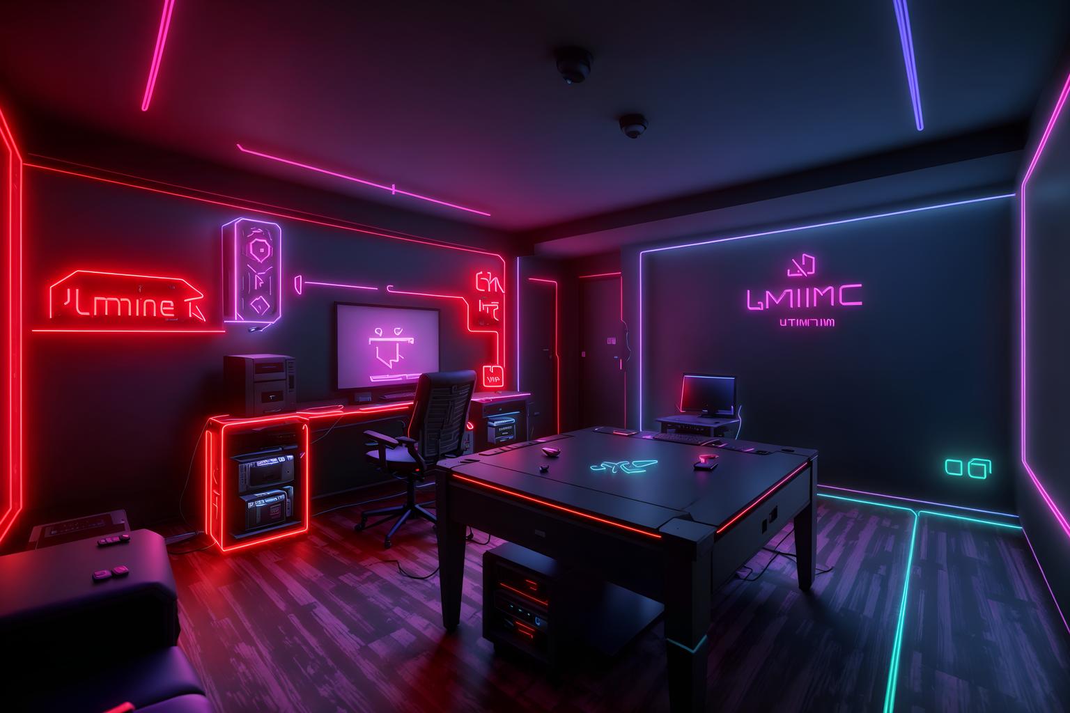 gaming room-style (attic interior) . with neon letters on wall and computer desk with computer displays and keyboard and neon lights and speakers and purple, red and blue fade light and dark walls and dark room and gaming chair. . cinematic photo, highly detailed, cinematic lighting, ultra-detailed, ultrarealistic, photorealism, 8k. gaming room interior design style. masterpiece, cinematic light, ultrarealistic+, photorealistic+, 8k, raw photo, realistic, sharp focus on eyes, (symmetrical eyes), (intact eyes), hyperrealistic, highest quality, best quality, , highly detailed, masterpiece, best quality, extremely detailed 8k wallpaper, masterpiece, best quality, ultra-detailed, best shadow, detailed background, detailed face, detailed eyes, high contrast, best illumination, detailed face, dulux, caustic, dynamic angle, detailed glow. dramatic lighting. highly detailed, insanely detailed hair, symmetrical, intricate details, professionally retouched, 8k high definition. strong bokeh. award winning photo.