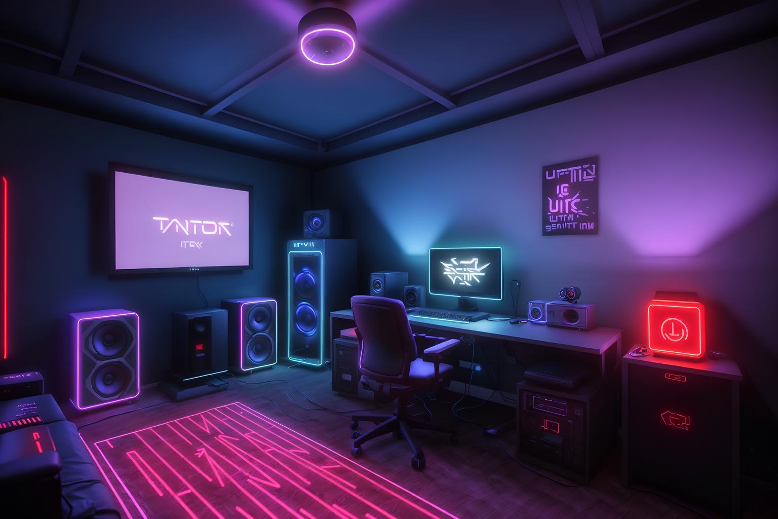 gaming room-style (attic interior) . with neon letters on wall and computer desk with computer displays and keyboard and neon lights and speakers and purple, red and blue fade light and dark walls and dark room and gaming chair. . cinematic photo, highly detailed, cinematic lighting, ultra-detailed, ultrarealistic, photorealism, 8k. gaming room interior design style. masterpiece, cinematic light, ultrarealistic+, photorealistic+, 8k, raw photo, realistic, sharp focus on eyes, (symmetrical eyes), (intact eyes), hyperrealistic, highest quality, best quality, , highly detailed, masterpiece, best quality, extremely detailed 8k wallpaper, masterpiece, best quality, ultra-detailed, best shadow, detailed background, detailed face, detailed eyes, high contrast, best illumination, detailed face, dulux, caustic, dynamic angle, detailed glow. dramatic lighting. highly detailed, insanely detailed hair, symmetrical, intricate details, professionally retouched, 8k high definition. strong bokeh. award winning photo.