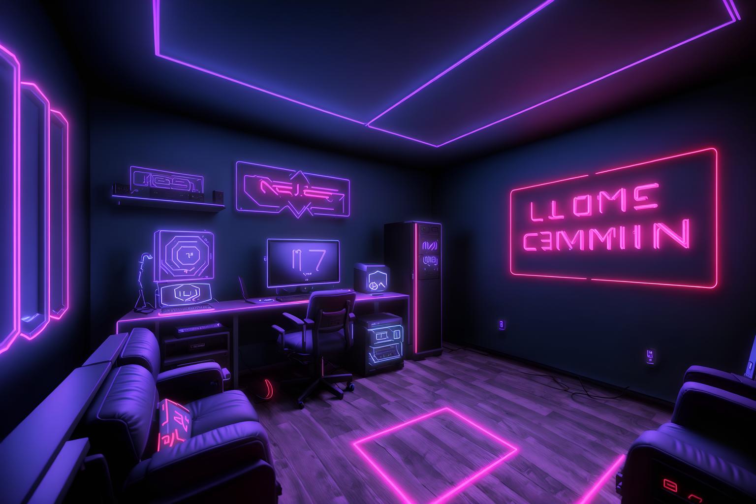 gaming room-style (attic interior) . with neon letters on wall and computer desk with computer displays and keyboard and neon lights and speakers and purple, red and blue fade light and dark walls and dark room and gaming chair. . cinematic photo, highly detailed, cinematic lighting, ultra-detailed, ultrarealistic, photorealism, 8k. gaming room interior design style. masterpiece, cinematic light, ultrarealistic+, photorealistic+, 8k, raw photo, realistic, sharp focus on eyes, (symmetrical eyes), (intact eyes), hyperrealistic, highest quality, best quality, , highly detailed, masterpiece, best quality, extremely detailed 8k wallpaper, masterpiece, best quality, ultra-detailed, best shadow, detailed background, detailed face, detailed eyes, high contrast, best illumination, detailed face, dulux, caustic, dynamic angle, detailed glow. dramatic lighting. highly detailed, insanely detailed hair, symmetrical, intricate details, professionally retouched, 8k high definition. strong bokeh. award winning photo.