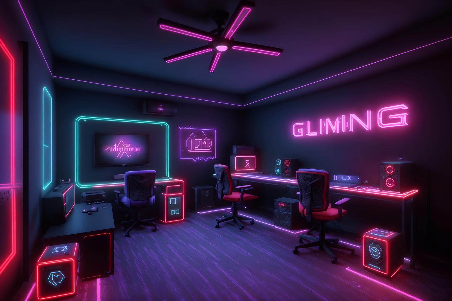 gaming room-style (attic interior) . with neon letters on wall and computer desk with computer displays and keyboard and neon lights and speakers and purple, red and blue fade light and dark walls and dark room and gaming chair. . cinematic photo, highly detailed, cinematic lighting, ultra-detailed, ultrarealistic, photorealism, 8k. gaming room interior design style. masterpiece, cinematic light, ultrarealistic+, photorealistic+, 8k, raw photo, realistic, sharp focus on eyes, (symmetrical eyes), (intact eyes), hyperrealistic, highest quality, best quality, , highly detailed, masterpiece, best quality, extremely detailed 8k wallpaper, masterpiece, best quality, ultra-detailed, best shadow, detailed background, detailed face, detailed eyes, high contrast, best illumination, detailed face, dulux, caustic, dynamic angle, detailed glow. dramatic lighting. highly detailed, insanely detailed hair, symmetrical, intricate details, professionally retouched, 8k high definition. strong bokeh. award winning photo.