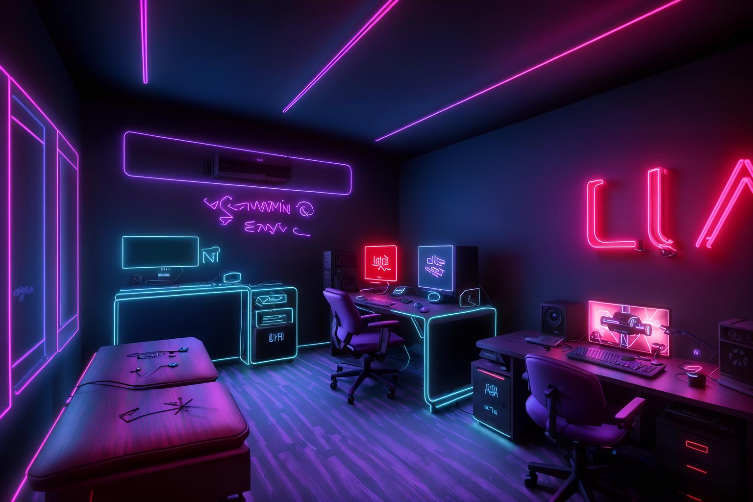 gaming room-style (attic interior) . with neon letters on wall and computer desk with computer displays and keyboard and neon lights and speakers and purple, red and blue fade light and dark walls and dark room and gaming chair. . cinematic photo, highly detailed, cinematic lighting, ultra-detailed, ultrarealistic, photorealism, 8k. gaming room interior design style. masterpiece, cinematic light, ultrarealistic+, photorealistic+, 8k, raw photo, realistic, sharp focus on eyes, (symmetrical eyes), (intact eyes), hyperrealistic, highest quality, best quality, , highly detailed, masterpiece, best quality, extremely detailed 8k wallpaper, masterpiece, best quality, ultra-detailed, best shadow, detailed background, detailed face, detailed eyes, high contrast, best illumination, detailed face, dulux, caustic, dynamic angle, detailed glow. dramatic lighting. highly detailed, insanely detailed hair, symmetrical, intricate details, professionally retouched, 8k high definition. strong bokeh. award winning photo.