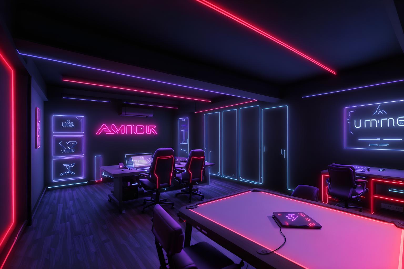 gaming room-style (attic interior) . with neon letters on wall and computer desk with computer displays and keyboard and neon lights and speakers and purple, red and blue fade light and dark walls and dark room and gaming chair. . cinematic photo, highly detailed, cinematic lighting, ultra-detailed, ultrarealistic, photorealism, 8k. gaming room interior design style. masterpiece, cinematic light, ultrarealistic+, photorealistic+, 8k, raw photo, realistic, sharp focus on eyes, (symmetrical eyes), (intact eyes), hyperrealistic, highest quality, best quality, , highly detailed, masterpiece, best quality, extremely detailed 8k wallpaper, masterpiece, best quality, ultra-detailed, best shadow, detailed background, detailed face, detailed eyes, high contrast, best illumination, detailed face, dulux, caustic, dynamic angle, detailed glow. dramatic lighting. highly detailed, insanely detailed hair, symmetrical, intricate details, professionally retouched, 8k high definition. strong bokeh. award winning photo.