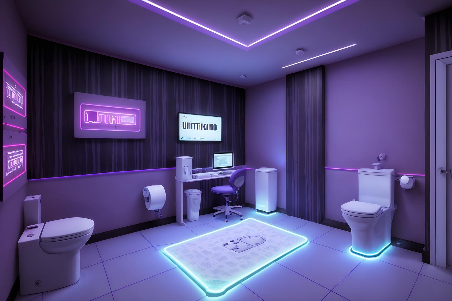 gaming room-style (toilet interior) with toilet with toilet seat up and toilet paper hanger and sink with tap and toilet with toilet seat up. . with purple, red and blue fade light and computer desk with computer displays and keyboard and purple and red lights and multiple displays and at night and dark walls and neon lights and dark room. . cinematic photo, highly detailed, cinematic lighting, ultra-detailed, ultrarealistic, photorealism, 8k. gaming room interior design style. masterpiece, cinematic light, ultrarealistic+, photorealistic+, 8k, raw photo, realistic, sharp focus on eyes, (symmetrical eyes), (intact eyes), hyperrealistic, highest quality, best quality, , highly detailed, masterpiece, best quality, extremely detailed 8k wallpaper, masterpiece, best quality, ultra-detailed, best shadow, detailed background, detailed face, detailed eyes, high contrast, best illumination, detailed face, dulux, caustic, dynamic angle, detailed glow. dramatic lighting. highly detailed, insanely detailed hair, symmetrical, intricate details, professionally retouched, 8k high definition. strong bokeh. award winning photo.