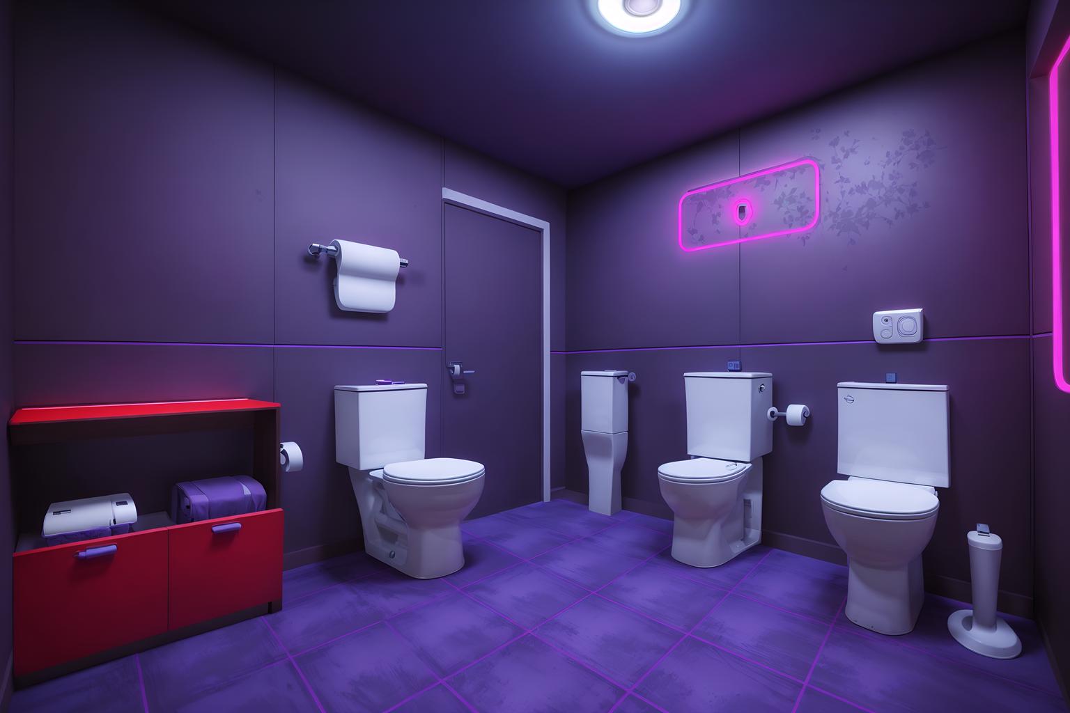 gaming room-style (toilet interior) with toilet with toilet seat up and toilet paper hanger and sink with tap and toilet with toilet seat up. . with purple, red and blue fade light and computer desk with computer displays and keyboard and purple and red lights and multiple displays and at night and dark walls and neon lights and dark room. . cinematic photo, highly detailed, cinematic lighting, ultra-detailed, ultrarealistic, photorealism, 8k. gaming room interior design style. masterpiece, cinematic light, ultrarealistic+, photorealistic+, 8k, raw photo, realistic, sharp focus on eyes, (symmetrical eyes), (intact eyes), hyperrealistic, highest quality, best quality, , highly detailed, masterpiece, best quality, extremely detailed 8k wallpaper, masterpiece, best quality, ultra-detailed, best shadow, detailed background, detailed face, detailed eyes, high contrast, best illumination, detailed face, dulux, caustic, dynamic angle, detailed glow. dramatic lighting. highly detailed, insanely detailed hair, symmetrical, intricate details, professionally retouched, 8k high definition. strong bokeh. award winning photo.