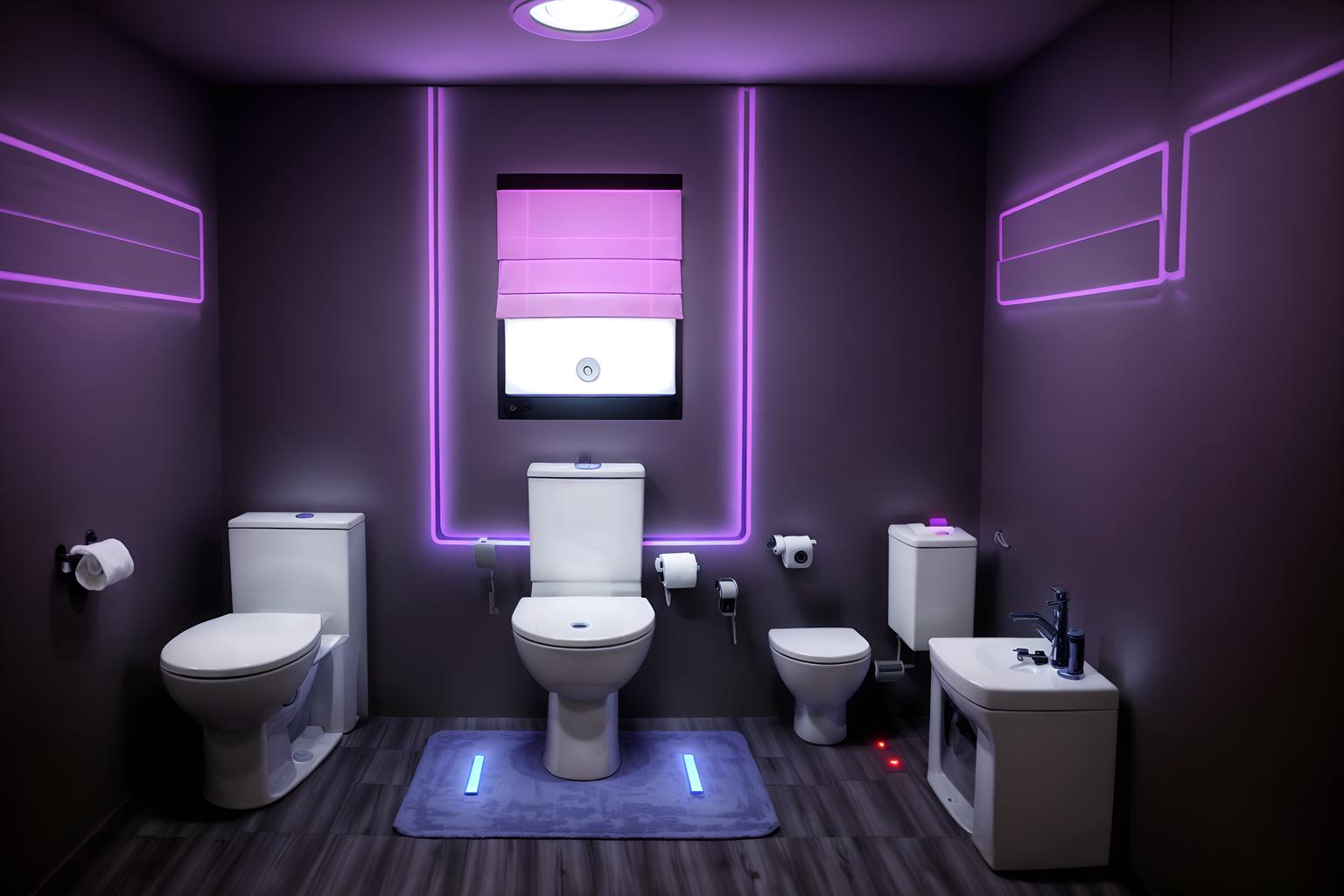 gaming room-style (toilet interior) with toilet with toilet seat up and toilet paper hanger and sink with tap and toilet with toilet seat up. . with purple, red and blue fade light and computer desk with computer displays and keyboard and purple and red lights and multiple displays and at night and dark walls and neon lights and dark room. . cinematic photo, highly detailed, cinematic lighting, ultra-detailed, ultrarealistic, photorealism, 8k. gaming room interior design style. masterpiece, cinematic light, ultrarealistic+, photorealistic+, 8k, raw photo, realistic, sharp focus on eyes, (symmetrical eyes), (intact eyes), hyperrealistic, highest quality, best quality, , highly detailed, masterpiece, best quality, extremely detailed 8k wallpaper, masterpiece, best quality, ultra-detailed, best shadow, detailed background, detailed face, detailed eyes, high contrast, best illumination, detailed face, dulux, caustic, dynamic angle, detailed glow. dramatic lighting. highly detailed, insanely detailed hair, symmetrical, intricate details, professionally retouched, 8k high definition. strong bokeh. award winning photo.