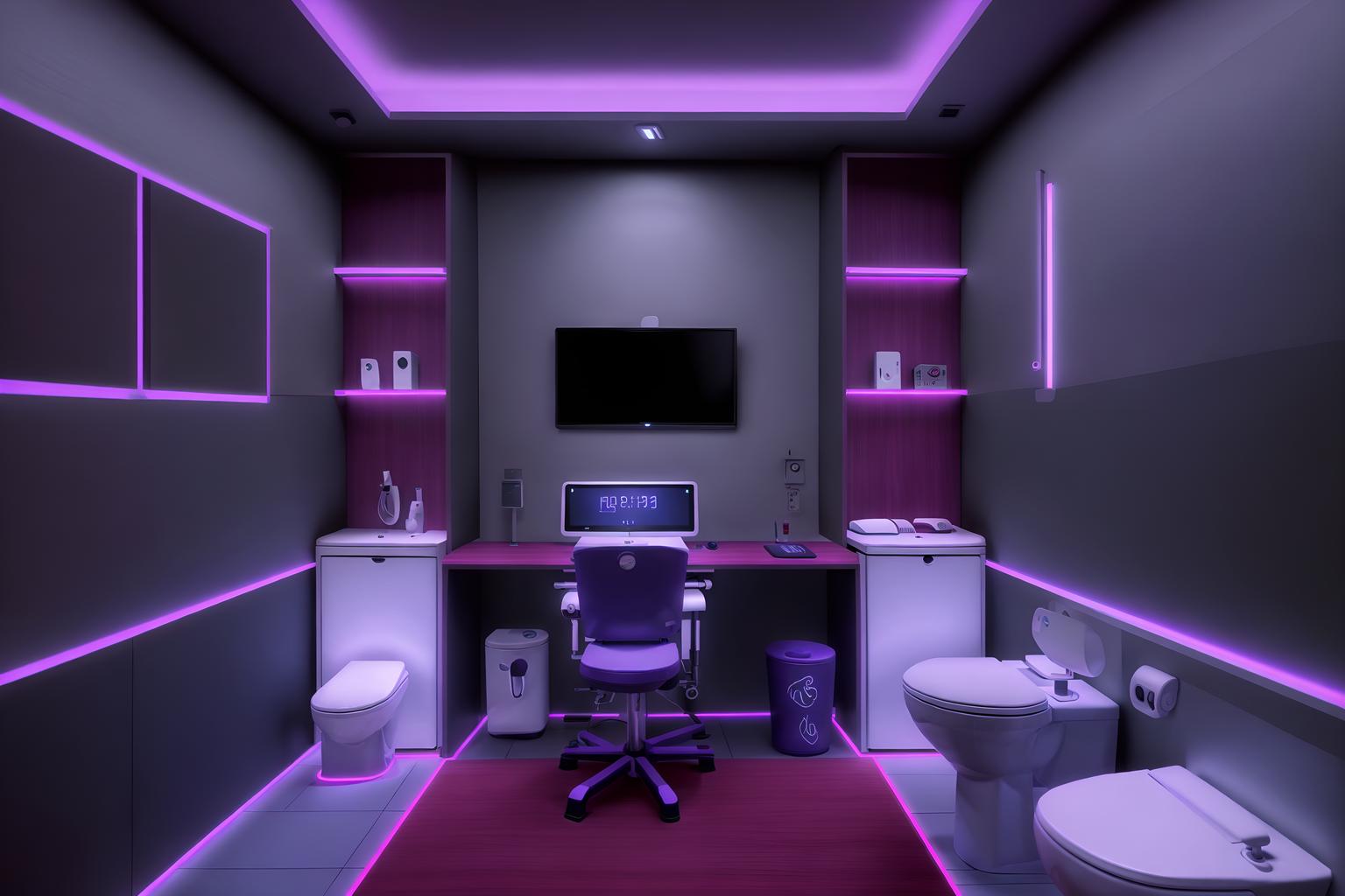 gaming room-style (toilet interior) with toilet with toilet seat up and toilet paper hanger and sink with tap and toilet with toilet seat up. . with purple, red and blue fade light and computer desk with computer displays and keyboard and purple and red lights and multiple displays and at night and dark walls and neon lights and dark room. . cinematic photo, highly detailed, cinematic lighting, ultra-detailed, ultrarealistic, photorealism, 8k. gaming room interior design style. masterpiece, cinematic light, ultrarealistic+, photorealistic+, 8k, raw photo, realistic, sharp focus on eyes, (symmetrical eyes), (intact eyes), hyperrealistic, highest quality, best quality, , highly detailed, masterpiece, best quality, extremely detailed 8k wallpaper, masterpiece, best quality, ultra-detailed, best shadow, detailed background, detailed face, detailed eyes, high contrast, best illumination, detailed face, dulux, caustic, dynamic angle, detailed glow. dramatic lighting. highly detailed, insanely detailed hair, symmetrical, intricate details, professionally retouched, 8k high definition. strong bokeh. award winning photo.