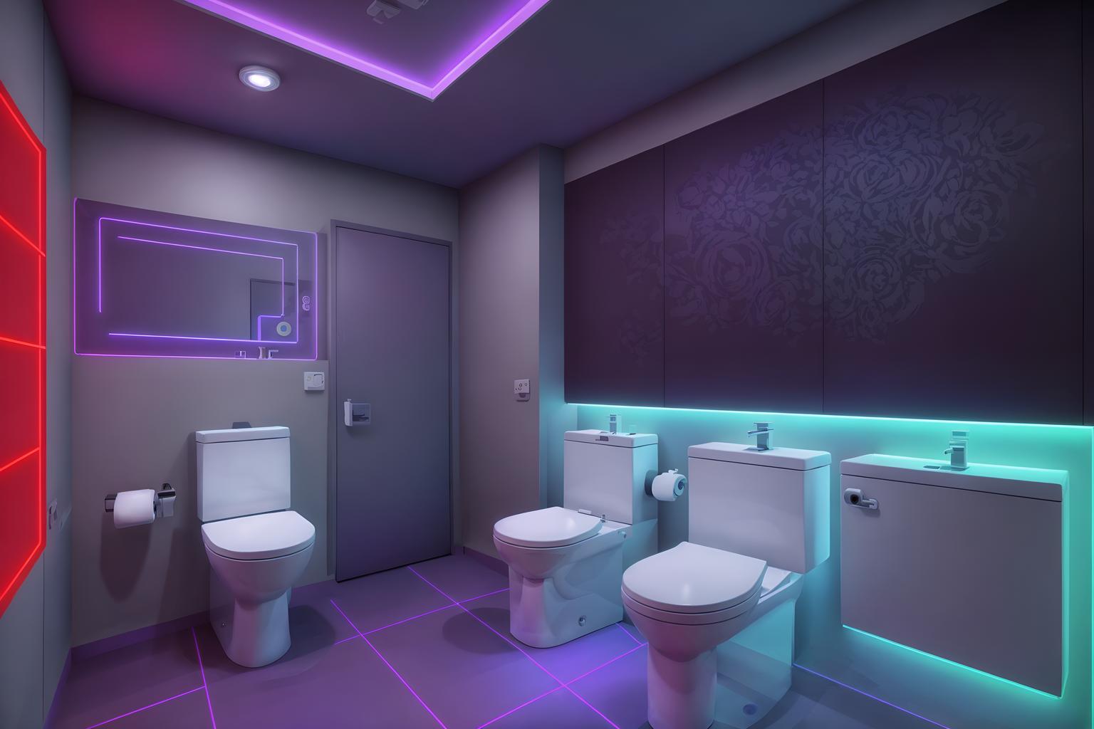 gaming room-style (toilet interior) with toilet with toilet seat up and toilet paper hanger and sink with tap and toilet with toilet seat up. . with purple, red and blue fade light and computer desk with computer displays and keyboard and purple and red lights and multiple displays and at night and dark walls and neon lights and dark room. . cinematic photo, highly detailed, cinematic lighting, ultra-detailed, ultrarealistic, photorealism, 8k. gaming room interior design style. masterpiece, cinematic light, ultrarealistic+, photorealistic+, 8k, raw photo, realistic, sharp focus on eyes, (symmetrical eyes), (intact eyes), hyperrealistic, highest quality, best quality, , highly detailed, masterpiece, best quality, extremely detailed 8k wallpaper, masterpiece, best quality, ultra-detailed, best shadow, detailed background, detailed face, detailed eyes, high contrast, best illumination, detailed face, dulux, caustic, dynamic angle, detailed glow. dramatic lighting. highly detailed, insanely detailed hair, symmetrical, intricate details, professionally retouched, 8k high definition. strong bokeh. award winning photo.