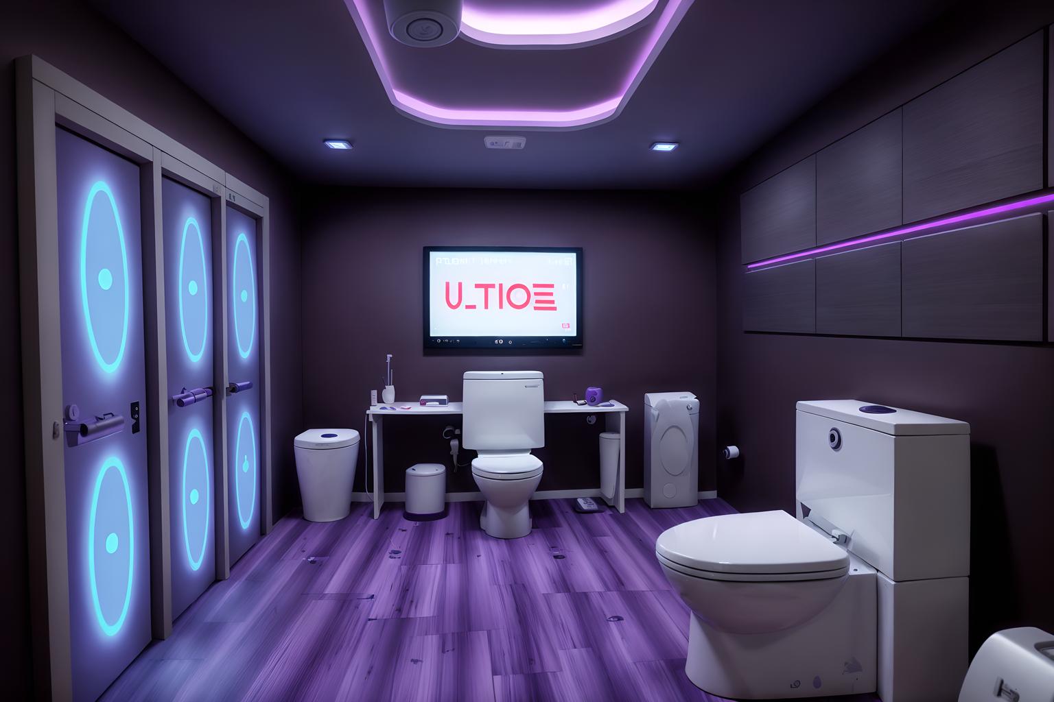 gaming room-style (toilet interior) with toilet with toilet seat up and toilet paper hanger and sink with tap and toilet with toilet seat up. . with purple, red and blue fade light and computer desk with computer displays and keyboard and purple and red lights and multiple displays and at night and dark walls and neon lights and dark room. . cinematic photo, highly detailed, cinematic lighting, ultra-detailed, ultrarealistic, photorealism, 8k. gaming room interior design style. masterpiece, cinematic light, ultrarealistic+, photorealistic+, 8k, raw photo, realistic, sharp focus on eyes, (symmetrical eyes), (intact eyes), hyperrealistic, highest quality, best quality, , highly detailed, masterpiece, best quality, extremely detailed 8k wallpaper, masterpiece, best quality, ultra-detailed, best shadow, detailed background, detailed face, detailed eyes, high contrast, best illumination, detailed face, dulux, caustic, dynamic angle, detailed glow. dramatic lighting. highly detailed, insanely detailed hair, symmetrical, intricate details, professionally retouched, 8k high definition. strong bokeh. award winning photo.