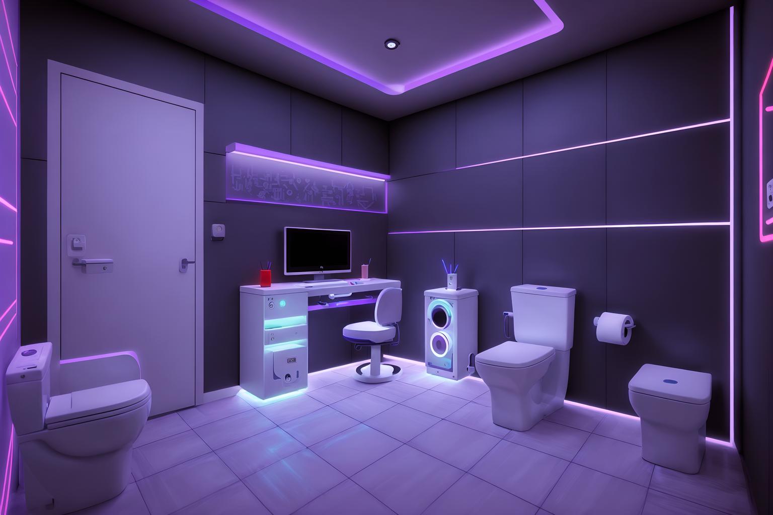 gaming room-style (toilet interior) with toilet with toilet seat up and toilet paper hanger and sink with tap and toilet with toilet seat up. . with purple, red and blue fade light and computer desk with computer displays and keyboard and purple and red lights and multiple displays and at night and dark walls and neon lights and dark room. . cinematic photo, highly detailed, cinematic lighting, ultra-detailed, ultrarealistic, photorealism, 8k. gaming room interior design style. masterpiece, cinematic light, ultrarealistic+, photorealistic+, 8k, raw photo, realistic, sharp focus on eyes, (symmetrical eyes), (intact eyes), hyperrealistic, highest quality, best quality, , highly detailed, masterpiece, best quality, extremely detailed 8k wallpaper, masterpiece, best quality, ultra-detailed, best shadow, detailed background, detailed face, detailed eyes, high contrast, best illumination, detailed face, dulux, caustic, dynamic angle, detailed glow. dramatic lighting. highly detailed, insanely detailed hair, symmetrical, intricate details, professionally retouched, 8k high definition. strong bokeh. award winning photo.