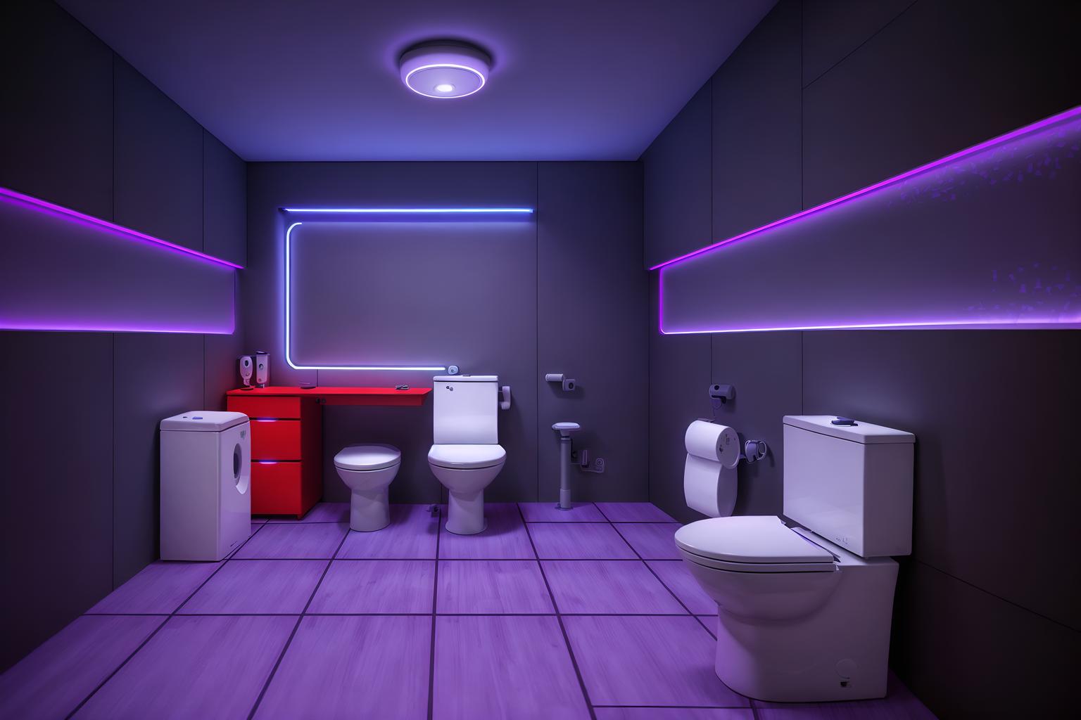 gaming room-style (toilet interior) with toilet with toilet seat up and toilet paper hanger and sink with tap and toilet with toilet seat up. . with purple, red and blue fade light and computer desk with computer displays and keyboard and purple and red lights and multiple displays and at night and dark walls and neon lights and dark room. . cinematic photo, highly detailed, cinematic lighting, ultra-detailed, ultrarealistic, photorealism, 8k. gaming room interior design style. masterpiece, cinematic light, ultrarealistic+, photorealistic+, 8k, raw photo, realistic, sharp focus on eyes, (symmetrical eyes), (intact eyes), hyperrealistic, highest quality, best quality, , highly detailed, masterpiece, best quality, extremely detailed 8k wallpaper, masterpiece, best quality, ultra-detailed, best shadow, detailed background, detailed face, detailed eyes, high contrast, best illumination, detailed face, dulux, caustic, dynamic angle, detailed glow. dramatic lighting. highly detailed, insanely detailed hair, symmetrical, intricate details, professionally retouched, 8k high definition. strong bokeh. award winning photo.