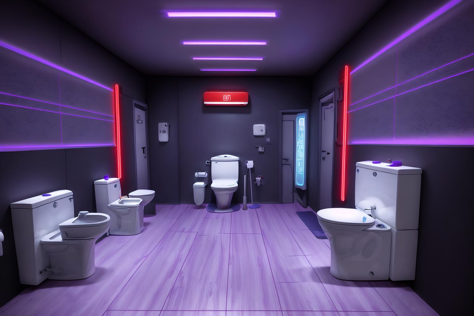 gaming room-style (toilet interior) with toilet with toilet seat up and toilet paper hanger and sink with tap and toilet with toilet seat up. . with purple, red and blue fade light and computer desk with computer displays and keyboard and purple and red lights and multiple displays and at night and dark walls and neon lights and dark room. . cinematic photo, highly detailed, cinematic lighting, ultra-detailed, ultrarealistic, photorealism, 8k. gaming room interior design style. masterpiece, cinematic light, ultrarealistic+, photorealistic+, 8k, raw photo, realistic, sharp focus on eyes, (symmetrical eyes), (intact eyes), hyperrealistic, highest quality, best quality, , highly detailed, masterpiece, best quality, extremely detailed 8k wallpaper, masterpiece, best quality, ultra-detailed, best shadow, detailed background, detailed face, detailed eyes, high contrast, best illumination, detailed face, dulux, caustic, dynamic angle, detailed glow. dramatic lighting. highly detailed, insanely detailed hair, symmetrical, intricate details, professionally retouched, 8k high definition. strong bokeh. award winning photo.