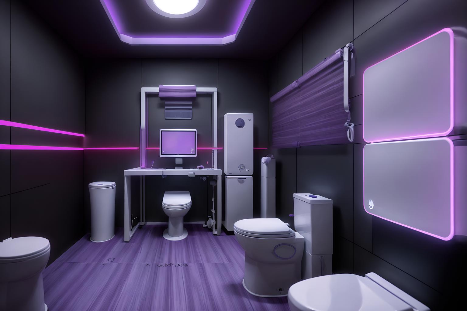 gaming room-style (toilet interior) with toilet with toilet seat up and toilet paper hanger and sink with tap and toilet with toilet seat up. . with purple, red and blue fade light and computer desk with computer displays and keyboard and purple and red lights and multiple displays and at night and dark walls and neon lights and dark room. . cinematic photo, highly detailed, cinematic lighting, ultra-detailed, ultrarealistic, photorealism, 8k. gaming room interior design style. masterpiece, cinematic light, ultrarealistic+, photorealistic+, 8k, raw photo, realistic, sharp focus on eyes, (symmetrical eyes), (intact eyes), hyperrealistic, highest quality, best quality, , highly detailed, masterpiece, best quality, extremely detailed 8k wallpaper, masterpiece, best quality, ultra-detailed, best shadow, detailed background, detailed face, detailed eyes, high contrast, best illumination, detailed face, dulux, caustic, dynamic angle, detailed glow. dramatic lighting. highly detailed, insanely detailed hair, symmetrical, intricate details, professionally retouched, 8k high definition. strong bokeh. award winning photo.