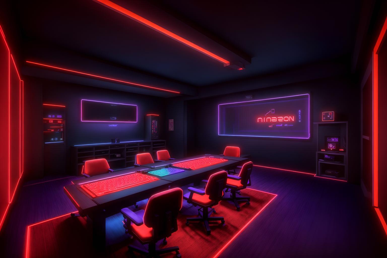 gaming room-style (onsen interior) . with purple and red lights and at night and dark room and purple, red and blue fade light and dark walls and neon letters on wall and neon lights and computer desk with computer displays and keyboard. . cinematic photo, highly detailed, cinematic lighting, ultra-detailed, ultrarealistic, photorealism, 8k. gaming room interior design style. masterpiece, cinematic light, ultrarealistic+, photorealistic+, 8k, raw photo, realistic, sharp focus on eyes, (symmetrical eyes), (intact eyes), hyperrealistic, highest quality, best quality, , highly detailed, masterpiece, best quality, extremely detailed 8k wallpaper, masterpiece, best quality, ultra-detailed, best shadow, detailed background, detailed face, detailed eyes, high contrast, best illumination, detailed face, dulux, caustic, dynamic angle, detailed glow. dramatic lighting. highly detailed, insanely detailed hair, symmetrical, intricate details, professionally retouched, 8k high definition. strong bokeh. award winning photo.