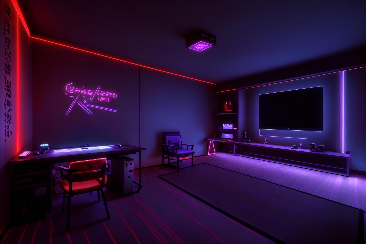 gaming room-style (onsen interior) . with purple and red lights and at night and dark room and purple, red and blue fade light and dark walls and neon letters on wall and neon lights and computer desk with computer displays and keyboard. . cinematic photo, highly detailed, cinematic lighting, ultra-detailed, ultrarealistic, photorealism, 8k. gaming room interior design style. masterpiece, cinematic light, ultrarealistic+, photorealistic+, 8k, raw photo, realistic, sharp focus on eyes, (symmetrical eyes), (intact eyes), hyperrealistic, highest quality, best quality, , highly detailed, masterpiece, best quality, extremely detailed 8k wallpaper, masterpiece, best quality, ultra-detailed, best shadow, detailed background, detailed face, detailed eyes, high contrast, best illumination, detailed face, dulux, caustic, dynamic angle, detailed glow. dramatic lighting. highly detailed, insanely detailed hair, symmetrical, intricate details, professionally retouched, 8k high definition. strong bokeh. award winning photo.