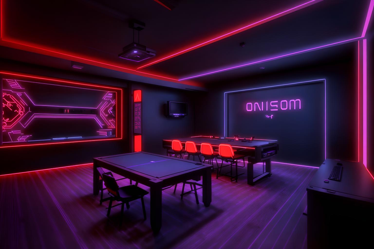 gaming room-style (onsen interior) . with purple and red lights and at night and dark room and purple, red and blue fade light and dark walls and neon letters on wall and neon lights and computer desk with computer displays and keyboard. . cinematic photo, highly detailed, cinematic lighting, ultra-detailed, ultrarealistic, photorealism, 8k. gaming room interior design style. masterpiece, cinematic light, ultrarealistic+, photorealistic+, 8k, raw photo, realistic, sharp focus on eyes, (symmetrical eyes), (intact eyes), hyperrealistic, highest quality, best quality, , highly detailed, masterpiece, best quality, extremely detailed 8k wallpaper, masterpiece, best quality, ultra-detailed, best shadow, detailed background, detailed face, detailed eyes, high contrast, best illumination, detailed face, dulux, caustic, dynamic angle, detailed glow. dramatic lighting. highly detailed, insanely detailed hair, symmetrical, intricate details, professionally retouched, 8k high definition. strong bokeh. award winning photo.