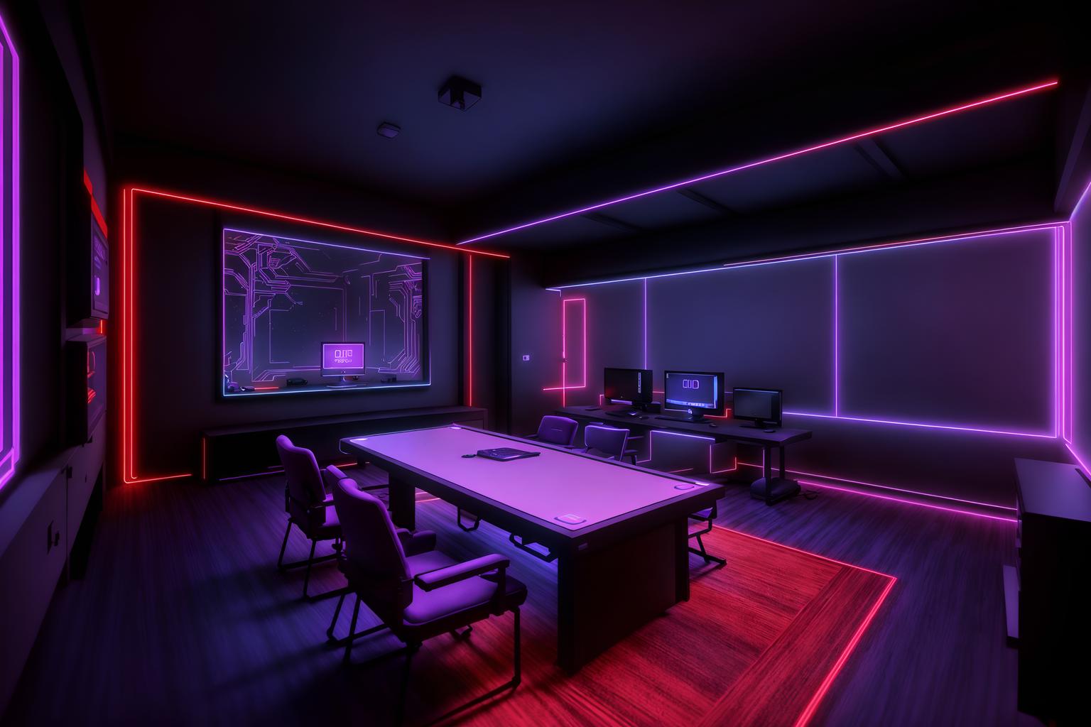 gaming room-style (onsen interior) . with purple and red lights and at night and dark room and purple, red and blue fade light and dark walls and neon letters on wall and neon lights and computer desk with computer displays and keyboard. . cinematic photo, highly detailed, cinematic lighting, ultra-detailed, ultrarealistic, photorealism, 8k. gaming room interior design style. masterpiece, cinematic light, ultrarealistic+, photorealistic+, 8k, raw photo, realistic, sharp focus on eyes, (symmetrical eyes), (intact eyes), hyperrealistic, highest quality, best quality, , highly detailed, masterpiece, best quality, extremely detailed 8k wallpaper, masterpiece, best quality, ultra-detailed, best shadow, detailed background, detailed face, detailed eyes, high contrast, best illumination, detailed face, dulux, caustic, dynamic angle, detailed glow. dramatic lighting. highly detailed, insanely detailed hair, symmetrical, intricate details, professionally retouched, 8k high definition. strong bokeh. award winning photo.