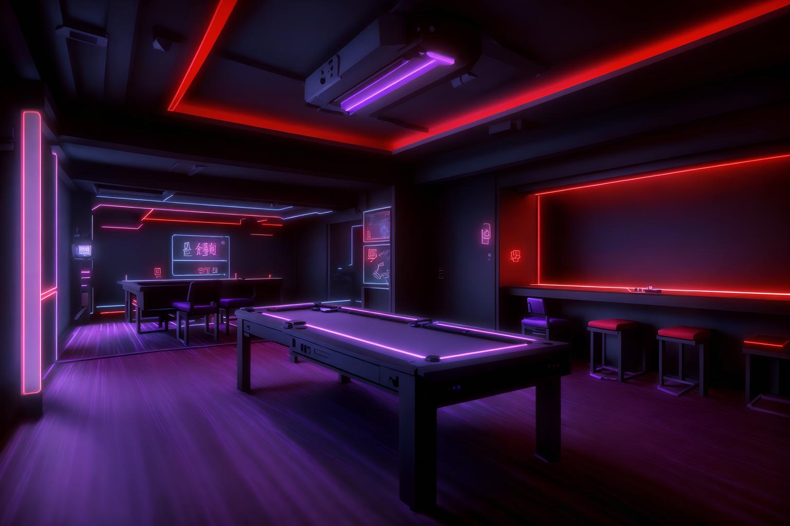 gaming room-style (onsen interior) . with purple and red lights and at night and dark room and purple, red and blue fade light and dark walls and neon letters on wall and neon lights and computer desk with computer displays and keyboard. . cinematic photo, highly detailed, cinematic lighting, ultra-detailed, ultrarealistic, photorealism, 8k. gaming room interior design style. masterpiece, cinematic light, ultrarealistic+, photorealistic+, 8k, raw photo, realistic, sharp focus on eyes, (symmetrical eyes), (intact eyes), hyperrealistic, highest quality, best quality, , highly detailed, masterpiece, best quality, extremely detailed 8k wallpaper, masterpiece, best quality, ultra-detailed, best shadow, detailed background, detailed face, detailed eyes, high contrast, best illumination, detailed face, dulux, caustic, dynamic angle, detailed glow. dramatic lighting. highly detailed, insanely detailed hair, symmetrical, intricate details, professionally retouched, 8k high definition. strong bokeh. award winning photo.