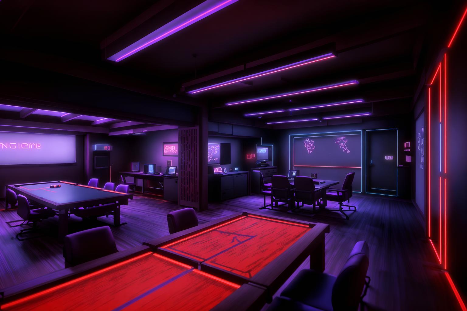 gaming room-style (onsen interior) . with purple and red lights and at night and dark room and purple, red and blue fade light and dark walls and neon letters on wall and neon lights and computer desk with computer displays and keyboard. . cinematic photo, highly detailed, cinematic lighting, ultra-detailed, ultrarealistic, photorealism, 8k. gaming room interior design style. masterpiece, cinematic light, ultrarealistic+, photorealistic+, 8k, raw photo, realistic, sharp focus on eyes, (symmetrical eyes), (intact eyes), hyperrealistic, highest quality, best quality, , highly detailed, masterpiece, best quality, extremely detailed 8k wallpaper, masterpiece, best quality, ultra-detailed, best shadow, detailed background, detailed face, detailed eyes, high contrast, best illumination, detailed face, dulux, caustic, dynamic angle, detailed glow. dramatic lighting. highly detailed, insanely detailed hair, symmetrical, intricate details, professionally retouched, 8k high definition. strong bokeh. award winning photo.