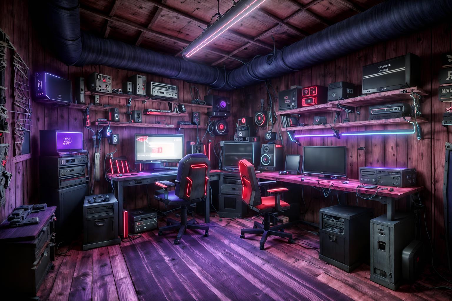 gaming room-style (workshop interior) with wooden workbench and messy and tool wall and wooden workbench. . with dark room and purple and red lights and speakers and neon letters on wall and purple, red and blue fade light and computer desk with computer displays and keyboard and multiple displays and gaming chair. . cinematic photo, highly detailed, cinematic lighting, ultra-detailed, ultrarealistic, photorealism, 8k. gaming room interior design style. masterpiece, cinematic light, ultrarealistic+, photorealistic+, 8k, raw photo, realistic, sharp focus on eyes, (symmetrical eyes), (intact eyes), hyperrealistic, highest quality, best quality, , highly detailed, masterpiece, best quality, extremely detailed 8k wallpaper, masterpiece, best quality, ultra-detailed, best shadow, detailed background, detailed face, detailed eyes, high contrast, best illumination, detailed face, dulux, caustic, dynamic angle, detailed glow. dramatic lighting. highly detailed, insanely detailed hair, symmetrical, intricate details, professionally retouched, 8k high definition. strong bokeh. award winning photo.