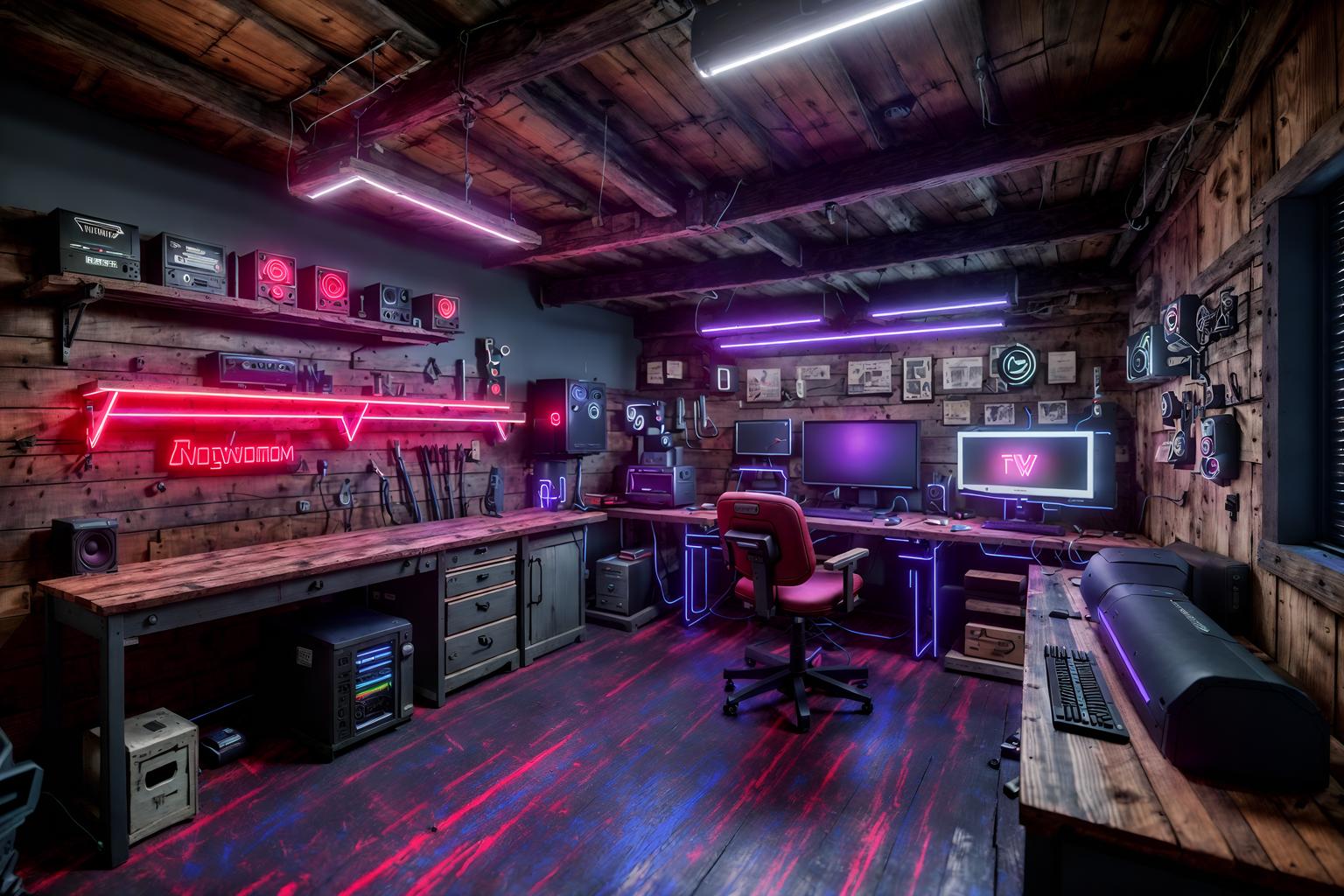 gaming room-style (workshop interior) with wooden workbench and messy and tool wall and wooden workbench. . with dark room and purple and red lights and speakers and neon letters on wall and purple, red and blue fade light and computer desk with computer displays and keyboard and multiple displays and gaming chair. . cinematic photo, highly detailed, cinematic lighting, ultra-detailed, ultrarealistic, photorealism, 8k. gaming room interior design style. masterpiece, cinematic light, ultrarealistic+, photorealistic+, 8k, raw photo, realistic, sharp focus on eyes, (symmetrical eyes), (intact eyes), hyperrealistic, highest quality, best quality, , highly detailed, masterpiece, best quality, extremely detailed 8k wallpaper, masterpiece, best quality, ultra-detailed, best shadow, detailed background, detailed face, detailed eyes, high contrast, best illumination, detailed face, dulux, caustic, dynamic angle, detailed glow. dramatic lighting. highly detailed, insanely detailed hair, symmetrical, intricate details, professionally retouched, 8k high definition. strong bokeh. award winning photo.