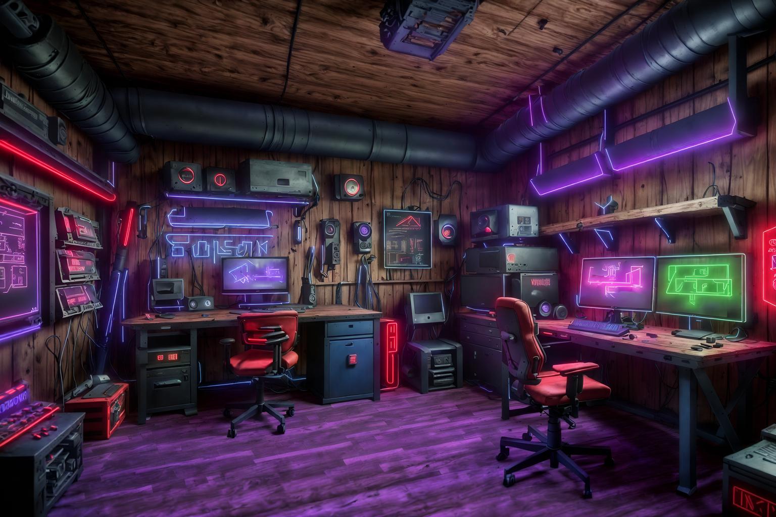 gaming room-style (workshop interior) with wooden workbench and messy and tool wall and wooden workbench. . with dark room and purple and red lights and speakers and neon letters on wall and purple, red and blue fade light and computer desk with computer displays and keyboard and multiple displays and gaming chair. . cinematic photo, highly detailed, cinematic lighting, ultra-detailed, ultrarealistic, photorealism, 8k. gaming room interior design style. masterpiece, cinematic light, ultrarealistic+, photorealistic+, 8k, raw photo, realistic, sharp focus on eyes, (symmetrical eyes), (intact eyes), hyperrealistic, highest quality, best quality, , highly detailed, masterpiece, best quality, extremely detailed 8k wallpaper, masterpiece, best quality, ultra-detailed, best shadow, detailed background, detailed face, detailed eyes, high contrast, best illumination, detailed face, dulux, caustic, dynamic angle, detailed glow. dramatic lighting. highly detailed, insanely detailed hair, symmetrical, intricate details, professionally retouched, 8k high definition. strong bokeh. award winning photo.