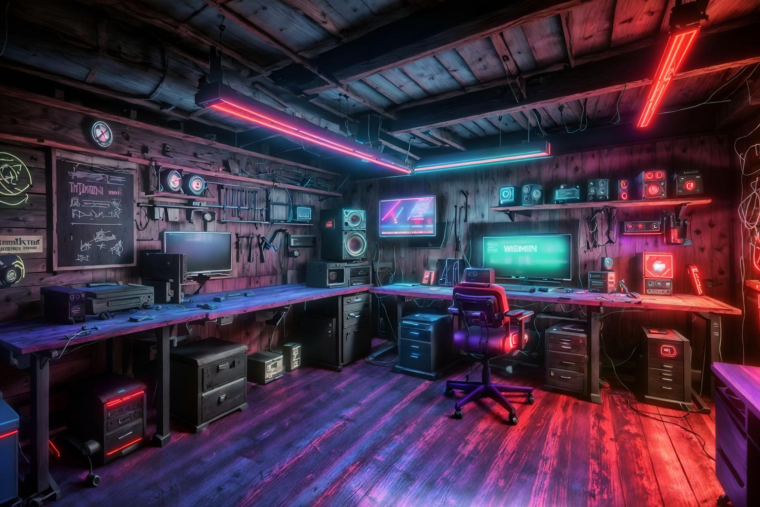 gaming room-style (workshop interior) with wooden workbench and messy and tool wall and wooden workbench. . with dark room and purple and red lights and speakers and neon letters on wall and purple, red and blue fade light and computer desk with computer displays and keyboard and multiple displays and gaming chair. . cinematic photo, highly detailed, cinematic lighting, ultra-detailed, ultrarealistic, photorealism, 8k. gaming room interior design style. masterpiece, cinematic light, ultrarealistic+, photorealistic+, 8k, raw photo, realistic, sharp focus on eyes, (symmetrical eyes), (intact eyes), hyperrealistic, highest quality, best quality, , highly detailed, masterpiece, best quality, extremely detailed 8k wallpaper, masterpiece, best quality, ultra-detailed, best shadow, detailed background, detailed face, detailed eyes, high contrast, best illumination, detailed face, dulux, caustic, dynamic angle, detailed glow. dramatic lighting. highly detailed, insanely detailed hair, symmetrical, intricate details, professionally retouched, 8k high definition. strong bokeh. award winning photo.