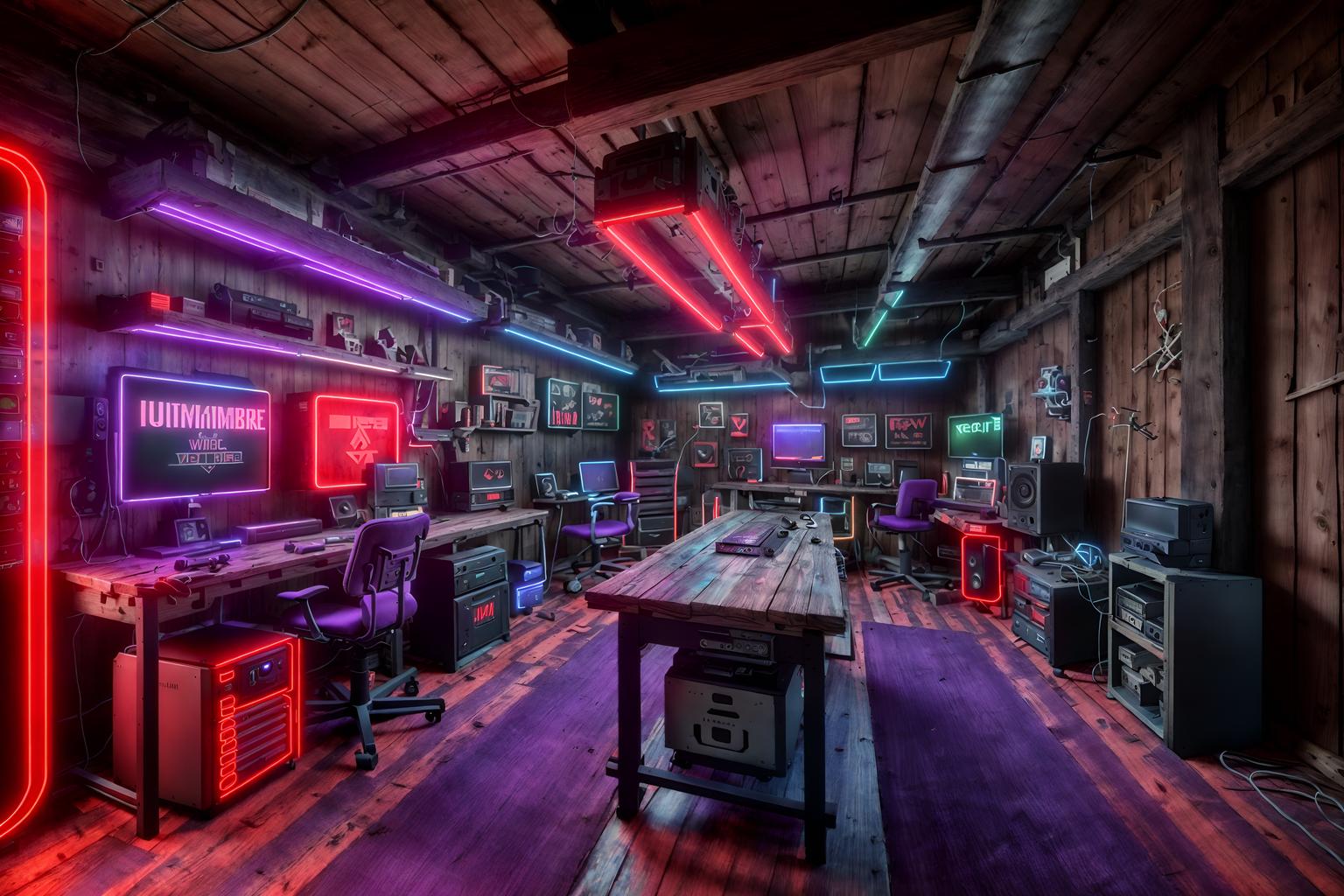 gaming room-style (workshop interior) with wooden workbench and messy and tool wall and wooden workbench. . with dark room and purple and red lights and speakers and neon letters on wall and purple, red and blue fade light and computer desk with computer displays and keyboard and multiple displays and gaming chair. . cinematic photo, highly detailed, cinematic lighting, ultra-detailed, ultrarealistic, photorealism, 8k. gaming room interior design style. masterpiece, cinematic light, ultrarealistic+, photorealistic+, 8k, raw photo, realistic, sharp focus on eyes, (symmetrical eyes), (intact eyes), hyperrealistic, highest quality, best quality, , highly detailed, masterpiece, best quality, extremely detailed 8k wallpaper, masterpiece, best quality, ultra-detailed, best shadow, detailed background, detailed face, detailed eyes, high contrast, best illumination, detailed face, dulux, caustic, dynamic angle, detailed glow. dramatic lighting. highly detailed, insanely detailed hair, symmetrical, intricate details, professionally retouched, 8k high definition. strong bokeh. award winning photo.