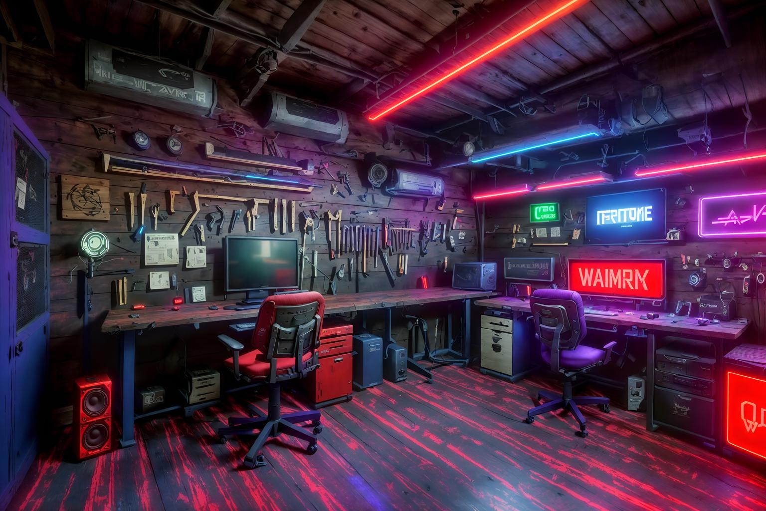 gaming room-style (workshop interior) with wooden workbench and messy and tool wall and wooden workbench. . with dark room and purple and red lights and speakers and neon letters on wall and purple, red and blue fade light and computer desk with computer displays and keyboard and multiple displays and gaming chair. . cinematic photo, highly detailed, cinematic lighting, ultra-detailed, ultrarealistic, photorealism, 8k. gaming room interior design style. masterpiece, cinematic light, ultrarealistic+, photorealistic+, 8k, raw photo, realistic, sharp focus on eyes, (symmetrical eyes), (intact eyes), hyperrealistic, highest quality, best quality, , highly detailed, masterpiece, best quality, extremely detailed 8k wallpaper, masterpiece, best quality, ultra-detailed, best shadow, detailed background, detailed face, detailed eyes, high contrast, best illumination, detailed face, dulux, caustic, dynamic angle, detailed glow. dramatic lighting. highly detailed, insanely detailed hair, symmetrical, intricate details, professionally retouched, 8k high definition. strong bokeh. award winning photo.