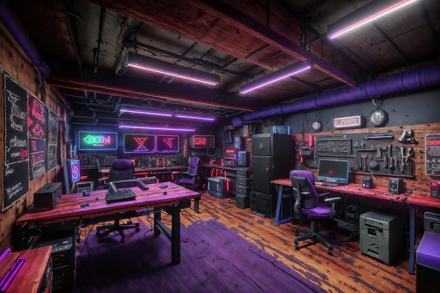 gaming room-style (workshop interior) with wooden workbench and messy and tool wall and wooden workbench. . with dark room and purple and red lights and speakers and neon letters on wall and purple, red and blue fade light and computer desk with computer displays and keyboard and multiple displays and gaming chair. . cinematic photo, highly detailed, cinematic lighting, ultra-detailed, ultrarealistic, photorealism, 8k. gaming room interior design style. masterpiece, cinematic light, ultrarealistic+, photorealistic+, 8k, raw photo, realistic, sharp focus on eyes, (symmetrical eyes), (intact eyes), hyperrealistic, highest quality, best quality, , highly detailed, masterpiece, best quality, extremely detailed 8k wallpaper, masterpiece, best quality, ultra-detailed, best shadow, detailed background, detailed face, detailed eyes, high contrast, best illumination, detailed face, dulux, caustic, dynamic angle, detailed glow. dramatic lighting. highly detailed, insanely detailed hair, symmetrical, intricate details, professionally retouched, 8k high definition. strong bokeh. award winning photo.