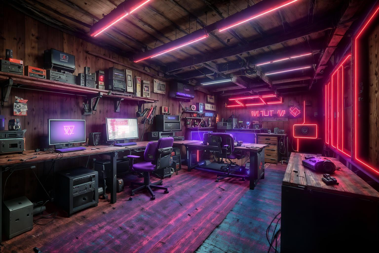 gaming room-style (workshop interior) with wooden workbench and messy and tool wall and wooden workbench. . with dark room and purple and red lights and speakers and neon letters on wall and purple, red and blue fade light and computer desk with computer displays and keyboard and multiple displays and gaming chair. . cinematic photo, highly detailed, cinematic lighting, ultra-detailed, ultrarealistic, photorealism, 8k. gaming room interior design style. masterpiece, cinematic light, ultrarealistic+, photorealistic+, 8k, raw photo, realistic, sharp focus on eyes, (symmetrical eyes), (intact eyes), hyperrealistic, highest quality, best quality, , highly detailed, masterpiece, best quality, extremely detailed 8k wallpaper, masterpiece, best quality, ultra-detailed, best shadow, detailed background, detailed face, detailed eyes, high contrast, best illumination, detailed face, dulux, caustic, dynamic angle, detailed glow. dramatic lighting. highly detailed, insanely detailed hair, symmetrical, intricate details, professionally retouched, 8k high definition. strong bokeh. award winning photo.