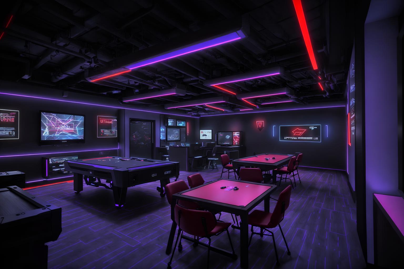 gaming room-style (coffee shop interior) . with purple, red and blue fade light and gaming chair and speakers and computer desk with computer displays and keyboard and dark walls and dark room and purple and red lights and multiple displays. . cinematic photo, highly detailed, cinematic lighting, ultra-detailed, ultrarealistic, photorealism, 8k. gaming room interior design style. masterpiece, cinematic light, ultrarealistic+, photorealistic+, 8k, raw photo, realistic, sharp focus on eyes, (symmetrical eyes), (intact eyes), hyperrealistic, highest quality, best quality, , highly detailed, masterpiece, best quality, extremely detailed 8k wallpaper, masterpiece, best quality, ultra-detailed, best shadow, detailed background, detailed face, detailed eyes, high contrast, best illumination, detailed face, dulux, caustic, dynamic angle, detailed glow. dramatic lighting. highly detailed, insanely detailed hair, symmetrical, intricate details, professionally retouched, 8k high definition. strong bokeh. award winning photo.