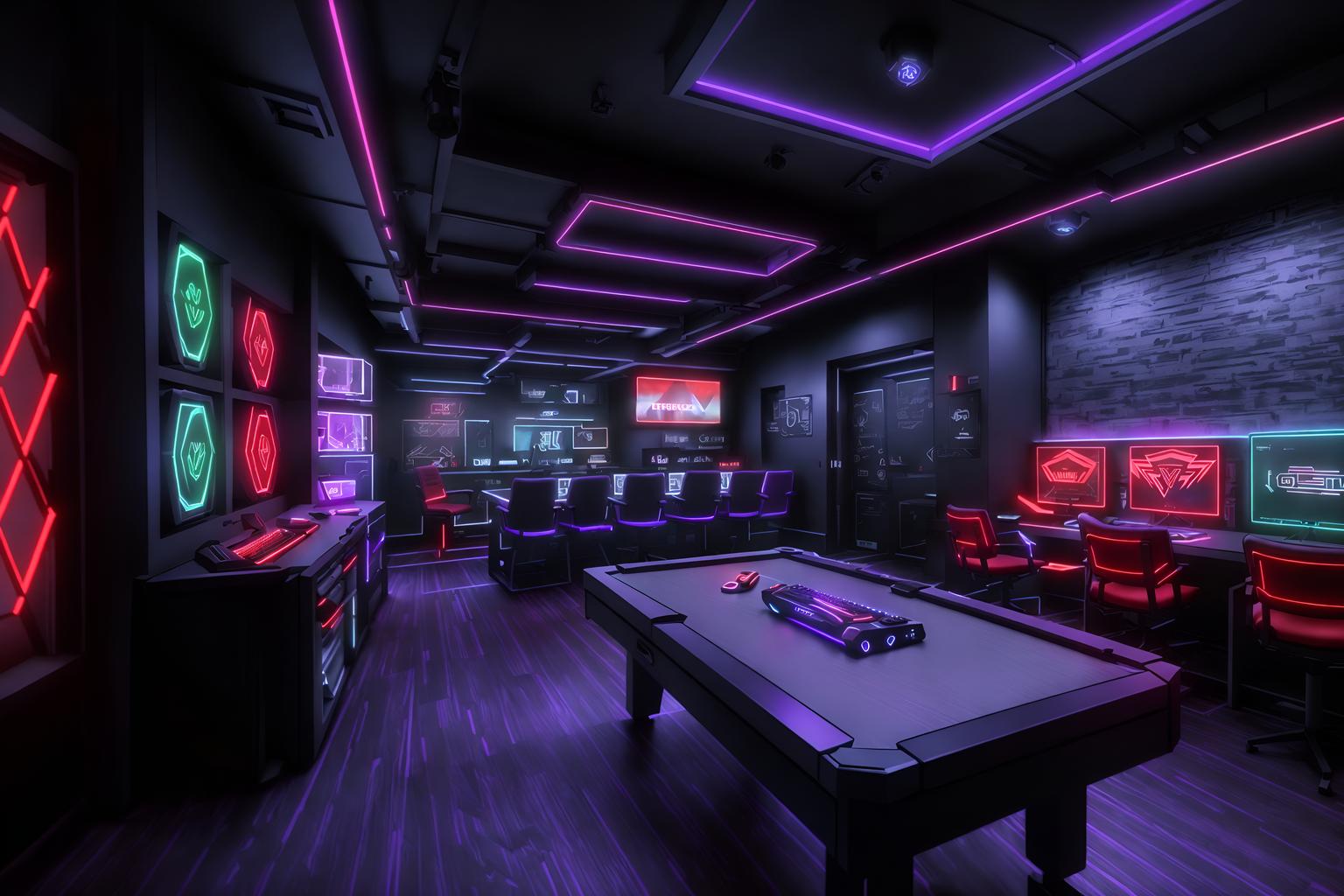 gaming room-style (coffee shop interior) . with purple, red and blue fade light and gaming chair and speakers and computer desk with computer displays and keyboard and dark walls and dark room and purple and red lights and multiple displays. . cinematic photo, highly detailed, cinematic lighting, ultra-detailed, ultrarealistic, photorealism, 8k. gaming room interior design style. masterpiece, cinematic light, ultrarealistic+, photorealistic+, 8k, raw photo, realistic, sharp focus on eyes, (symmetrical eyes), (intact eyes), hyperrealistic, highest quality, best quality, , highly detailed, masterpiece, best quality, extremely detailed 8k wallpaper, masterpiece, best quality, ultra-detailed, best shadow, detailed background, detailed face, detailed eyes, high contrast, best illumination, detailed face, dulux, caustic, dynamic angle, detailed glow. dramatic lighting. highly detailed, insanely detailed hair, symmetrical, intricate details, professionally retouched, 8k high definition. strong bokeh. award winning photo.