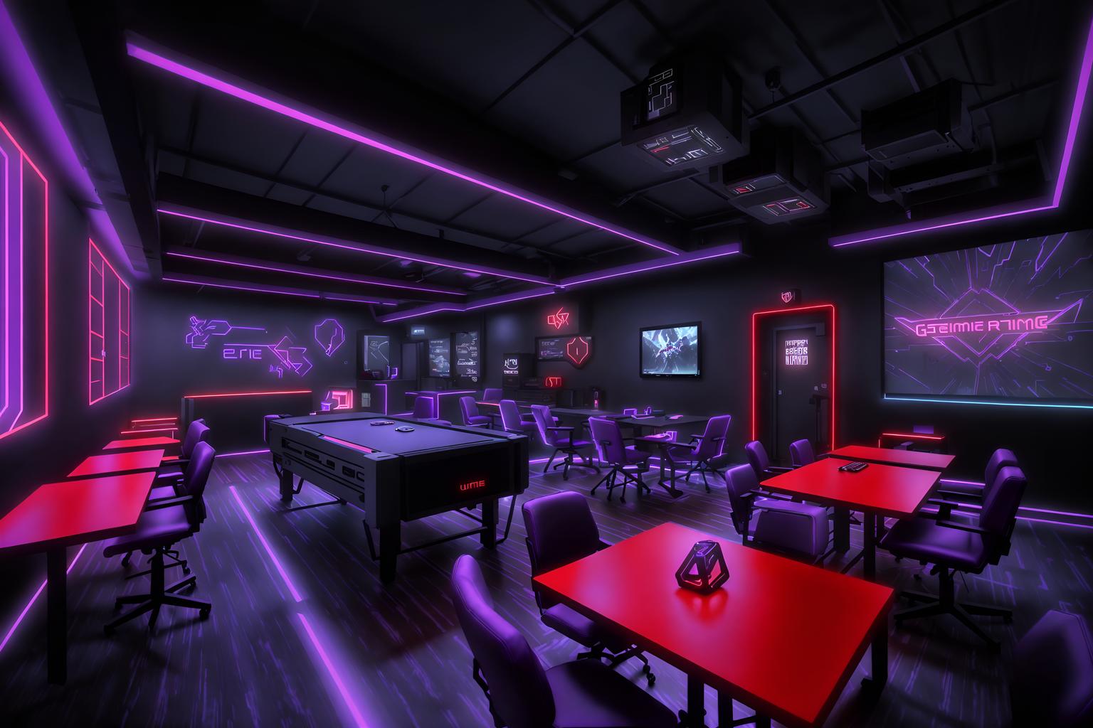 gaming room-style (coffee shop interior) . with purple, red and blue fade light and gaming chair and speakers and computer desk with computer displays and keyboard and dark walls and dark room and purple and red lights and multiple displays. . cinematic photo, highly detailed, cinematic lighting, ultra-detailed, ultrarealistic, photorealism, 8k. gaming room interior design style. masterpiece, cinematic light, ultrarealistic+, photorealistic+, 8k, raw photo, realistic, sharp focus on eyes, (symmetrical eyes), (intact eyes), hyperrealistic, highest quality, best quality, , highly detailed, masterpiece, best quality, extremely detailed 8k wallpaper, masterpiece, best quality, ultra-detailed, best shadow, detailed background, detailed face, detailed eyes, high contrast, best illumination, detailed face, dulux, caustic, dynamic angle, detailed glow. dramatic lighting. highly detailed, insanely detailed hair, symmetrical, intricate details, professionally retouched, 8k high definition. strong bokeh. award winning photo.