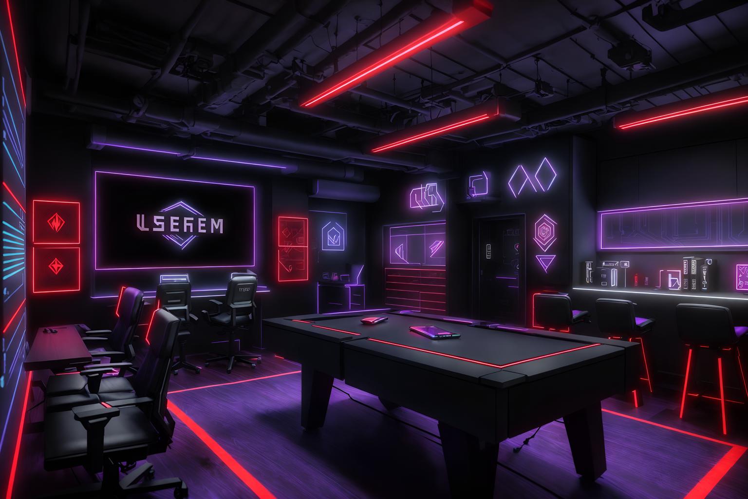 gaming room-style (coffee shop interior) . with purple, red and blue fade light and gaming chair and speakers and computer desk with computer displays and keyboard and dark walls and dark room and purple and red lights and multiple displays. . cinematic photo, highly detailed, cinematic lighting, ultra-detailed, ultrarealistic, photorealism, 8k. gaming room interior design style. masterpiece, cinematic light, ultrarealistic+, photorealistic+, 8k, raw photo, realistic, sharp focus on eyes, (symmetrical eyes), (intact eyes), hyperrealistic, highest quality, best quality, , highly detailed, masterpiece, best quality, extremely detailed 8k wallpaper, masterpiece, best quality, ultra-detailed, best shadow, detailed background, detailed face, detailed eyes, high contrast, best illumination, detailed face, dulux, caustic, dynamic angle, detailed glow. dramatic lighting. highly detailed, insanely detailed hair, symmetrical, intricate details, professionally retouched, 8k high definition. strong bokeh. award winning photo.