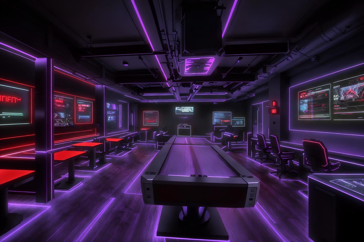 gaming room-style (coffee shop interior) . with purple, red and blue fade light and gaming chair and speakers and computer desk with computer displays and keyboard and dark walls and dark room and purple and red lights and multiple displays. . cinematic photo, highly detailed, cinematic lighting, ultra-detailed, ultrarealistic, photorealism, 8k. gaming room interior design style. masterpiece, cinematic light, ultrarealistic+, photorealistic+, 8k, raw photo, realistic, sharp focus on eyes, (symmetrical eyes), (intact eyes), hyperrealistic, highest quality, best quality, , highly detailed, masterpiece, best quality, extremely detailed 8k wallpaper, masterpiece, best quality, ultra-detailed, best shadow, detailed background, detailed face, detailed eyes, high contrast, best illumination, detailed face, dulux, caustic, dynamic angle, detailed glow. dramatic lighting. highly detailed, insanely detailed hair, symmetrical, intricate details, professionally retouched, 8k high definition. strong bokeh. award winning photo.