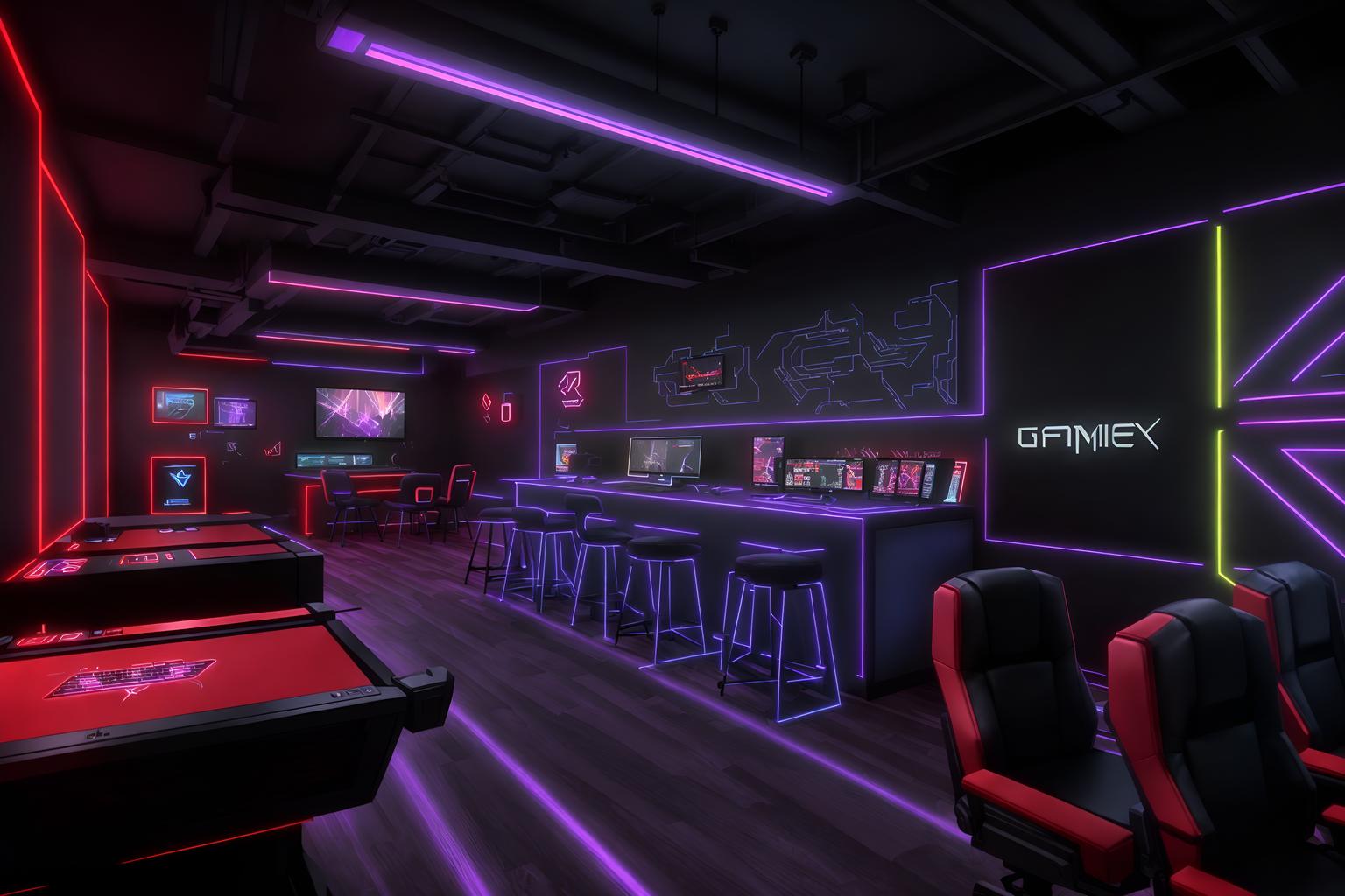 gaming room-style (coffee shop interior) . with purple, red and blue fade light and gaming chair and speakers and computer desk with computer displays and keyboard and dark walls and dark room and purple and red lights and multiple displays. . cinematic photo, highly detailed, cinematic lighting, ultra-detailed, ultrarealistic, photorealism, 8k. gaming room interior design style. masterpiece, cinematic light, ultrarealistic+, photorealistic+, 8k, raw photo, realistic, sharp focus on eyes, (symmetrical eyes), (intact eyes), hyperrealistic, highest quality, best quality, , highly detailed, masterpiece, best quality, extremely detailed 8k wallpaper, masterpiece, best quality, ultra-detailed, best shadow, detailed background, detailed face, detailed eyes, high contrast, best illumination, detailed face, dulux, caustic, dynamic angle, detailed glow. dramatic lighting. highly detailed, insanely detailed hair, symmetrical, intricate details, professionally retouched, 8k high definition. strong bokeh. award winning photo.