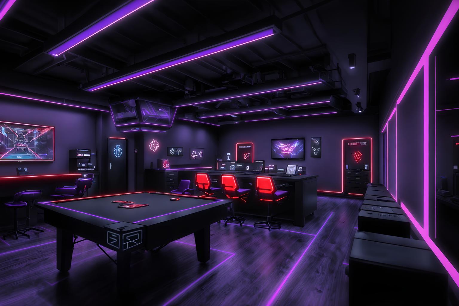 gaming room-style (coffee shop interior) . with purple, red and blue fade light and gaming chair and speakers and computer desk with computer displays and keyboard and dark walls and dark room and purple and red lights and multiple displays. . cinematic photo, highly detailed, cinematic lighting, ultra-detailed, ultrarealistic, photorealism, 8k. gaming room interior design style. masterpiece, cinematic light, ultrarealistic+, photorealistic+, 8k, raw photo, realistic, sharp focus on eyes, (symmetrical eyes), (intact eyes), hyperrealistic, highest quality, best quality, , highly detailed, masterpiece, best quality, extremely detailed 8k wallpaper, masterpiece, best quality, ultra-detailed, best shadow, detailed background, detailed face, detailed eyes, high contrast, best illumination, detailed face, dulux, caustic, dynamic angle, detailed glow. dramatic lighting. highly detailed, insanely detailed hair, symmetrical, intricate details, professionally retouched, 8k high definition. strong bokeh. award winning photo.