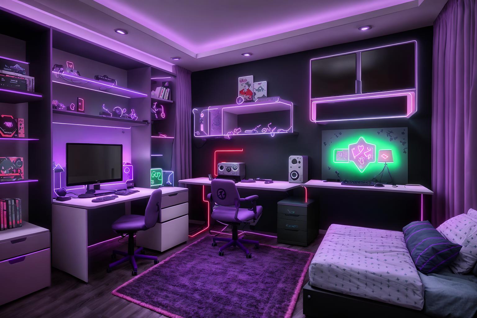 gaming room-style (kids room interior) with kids desk and bed and accent chair and mirror and dresser closet and storage bench or ottoman and night light and plant. . with dark walls and neon lights and purple, red and blue fade light and purple and red lights and gaming chair and at night and computer desk with computer displays and keyboard and speakers. . cinematic photo, highly detailed, cinematic lighting, ultra-detailed, ultrarealistic, photorealism, 8k. gaming room interior design style. masterpiece, cinematic light, ultrarealistic+, photorealistic+, 8k, raw photo, realistic, sharp focus on eyes, (symmetrical eyes), (intact eyes), hyperrealistic, highest quality, best quality, , highly detailed, masterpiece, best quality, extremely detailed 8k wallpaper, masterpiece, best quality, ultra-detailed, best shadow, detailed background, detailed face, detailed eyes, high contrast, best illumination, detailed face, dulux, caustic, dynamic angle, detailed glow. dramatic lighting. highly detailed, insanely detailed hair, symmetrical, intricate details, professionally retouched, 8k high definition. strong bokeh. award winning photo.