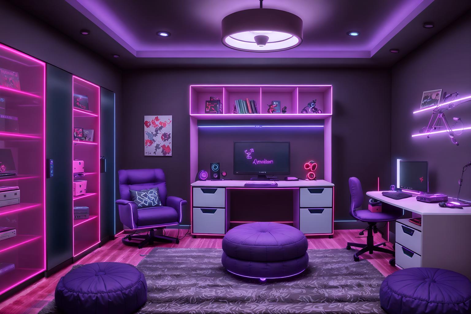 gaming room-style (kids room interior) with kids desk and bed and accent chair and mirror and dresser closet and storage bench or ottoman and night light and plant. . with dark walls and neon lights and purple, red and blue fade light and purple and red lights and gaming chair and at night and computer desk with computer displays and keyboard and speakers. . cinematic photo, highly detailed, cinematic lighting, ultra-detailed, ultrarealistic, photorealism, 8k. gaming room interior design style. masterpiece, cinematic light, ultrarealistic+, photorealistic+, 8k, raw photo, realistic, sharp focus on eyes, (symmetrical eyes), (intact eyes), hyperrealistic, highest quality, best quality, , highly detailed, masterpiece, best quality, extremely detailed 8k wallpaper, masterpiece, best quality, ultra-detailed, best shadow, detailed background, detailed face, detailed eyes, high contrast, best illumination, detailed face, dulux, caustic, dynamic angle, detailed glow. dramatic lighting. highly detailed, insanely detailed hair, symmetrical, intricate details, professionally retouched, 8k high definition. strong bokeh. award winning photo.