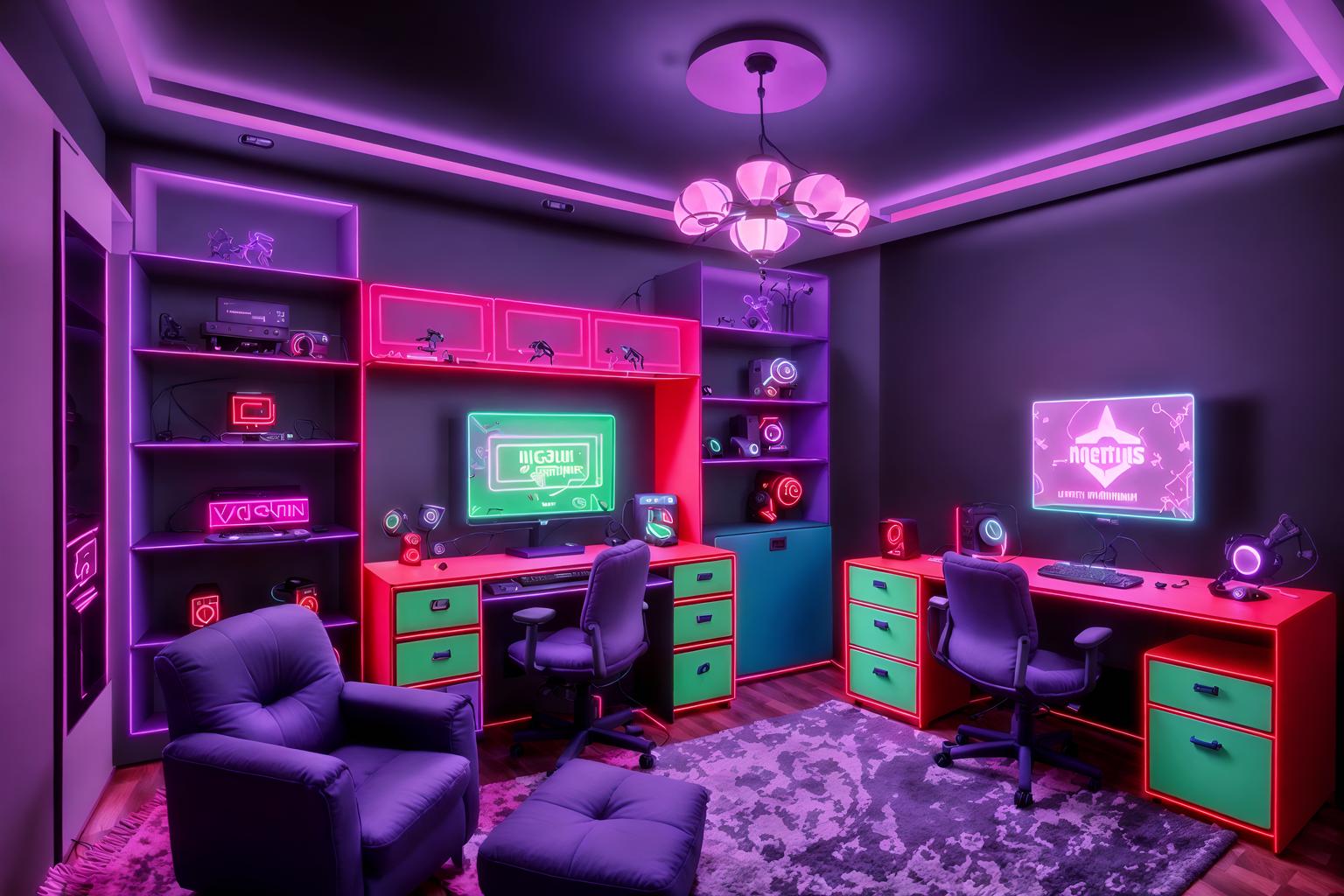 gaming room-style (kids room interior) with kids desk and bed and accent chair and mirror and dresser closet and storage bench or ottoman and night light and plant. . with dark walls and neon lights and purple, red and blue fade light and purple and red lights and gaming chair and at night and computer desk with computer displays and keyboard and speakers. . cinematic photo, highly detailed, cinematic lighting, ultra-detailed, ultrarealistic, photorealism, 8k. gaming room interior design style. masterpiece, cinematic light, ultrarealistic+, photorealistic+, 8k, raw photo, realistic, sharp focus on eyes, (symmetrical eyes), (intact eyes), hyperrealistic, highest quality, best quality, , highly detailed, masterpiece, best quality, extremely detailed 8k wallpaper, masterpiece, best quality, ultra-detailed, best shadow, detailed background, detailed face, detailed eyes, high contrast, best illumination, detailed face, dulux, caustic, dynamic angle, detailed glow. dramatic lighting. highly detailed, insanely detailed hair, symmetrical, intricate details, professionally retouched, 8k high definition. strong bokeh. award winning photo.