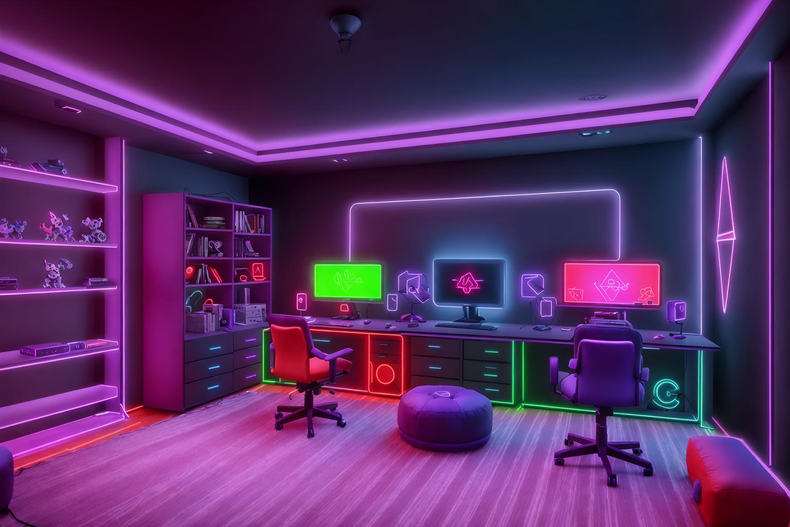 gaming room-style (kids room interior) with kids desk and bed and accent chair and mirror and dresser closet and storage bench or ottoman and night light and plant. . with dark walls and neon lights and purple, red and blue fade light and purple and red lights and gaming chair and at night and computer desk with computer displays and keyboard and speakers. . cinematic photo, highly detailed, cinematic lighting, ultra-detailed, ultrarealistic, photorealism, 8k. gaming room interior design style. masterpiece, cinematic light, ultrarealistic+, photorealistic+, 8k, raw photo, realistic, sharp focus on eyes, (symmetrical eyes), (intact eyes), hyperrealistic, highest quality, best quality, , highly detailed, masterpiece, best quality, extremely detailed 8k wallpaper, masterpiece, best quality, ultra-detailed, best shadow, detailed background, detailed face, detailed eyes, high contrast, best illumination, detailed face, dulux, caustic, dynamic angle, detailed glow. dramatic lighting. highly detailed, insanely detailed hair, symmetrical, intricate details, professionally retouched, 8k high definition. strong bokeh. award winning photo.