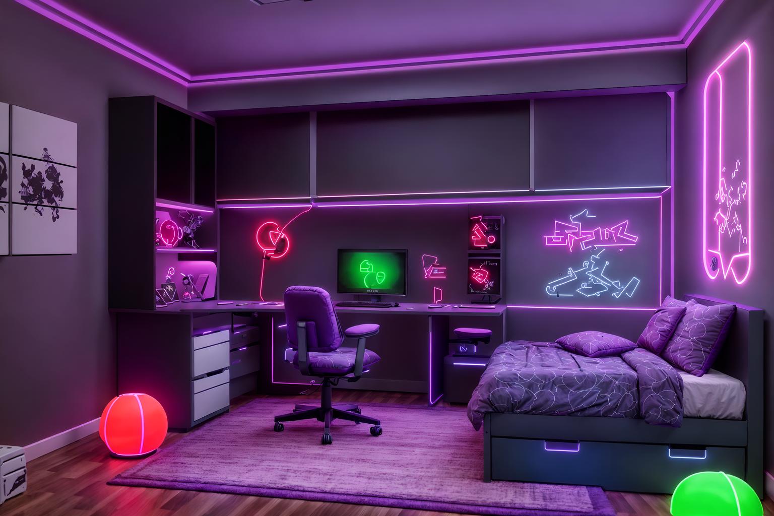 gaming room-style (kids room interior) with kids desk and bed and accent chair and mirror and dresser closet and storage bench or ottoman and night light and plant. . with dark walls and neon lights and purple, red and blue fade light and purple and red lights and gaming chair and at night and computer desk with computer displays and keyboard and speakers. . cinematic photo, highly detailed, cinematic lighting, ultra-detailed, ultrarealistic, photorealism, 8k. gaming room interior design style. masterpiece, cinematic light, ultrarealistic+, photorealistic+, 8k, raw photo, realistic, sharp focus on eyes, (symmetrical eyes), (intact eyes), hyperrealistic, highest quality, best quality, , highly detailed, masterpiece, best quality, extremely detailed 8k wallpaper, masterpiece, best quality, ultra-detailed, best shadow, detailed background, detailed face, detailed eyes, high contrast, best illumination, detailed face, dulux, caustic, dynamic angle, detailed glow. dramatic lighting. highly detailed, insanely detailed hair, symmetrical, intricate details, professionally retouched, 8k high definition. strong bokeh. award winning photo.