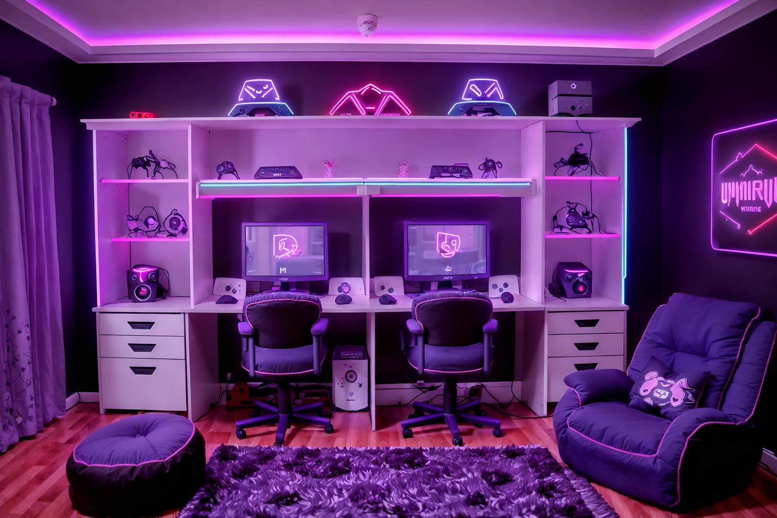 gaming room-style (kids room interior) with kids desk and bed and accent chair and mirror and dresser closet and storage bench or ottoman and night light and plant. . with dark walls and neon lights and purple, red and blue fade light and purple and red lights and gaming chair and at night and computer desk with computer displays and keyboard and speakers. . cinematic photo, highly detailed, cinematic lighting, ultra-detailed, ultrarealistic, photorealism, 8k. gaming room interior design style. masterpiece, cinematic light, ultrarealistic+, photorealistic+, 8k, raw photo, realistic, sharp focus on eyes, (symmetrical eyes), (intact eyes), hyperrealistic, highest quality, best quality, , highly detailed, masterpiece, best quality, extremely detailed 8k wallpaper, masterpiece, best quality, ultra-detailed, best shadow, detailed background, detailed face, detailed eyes, high contrast, best illumination, detailed face, dulux, caustic, dynamic angle, detailed glow. dramatic lighting. highly detailed, insanely detailed hair, symmetrical, intricate details, professionally retouched, 8k high definition. strong bokeh. award winning photo.