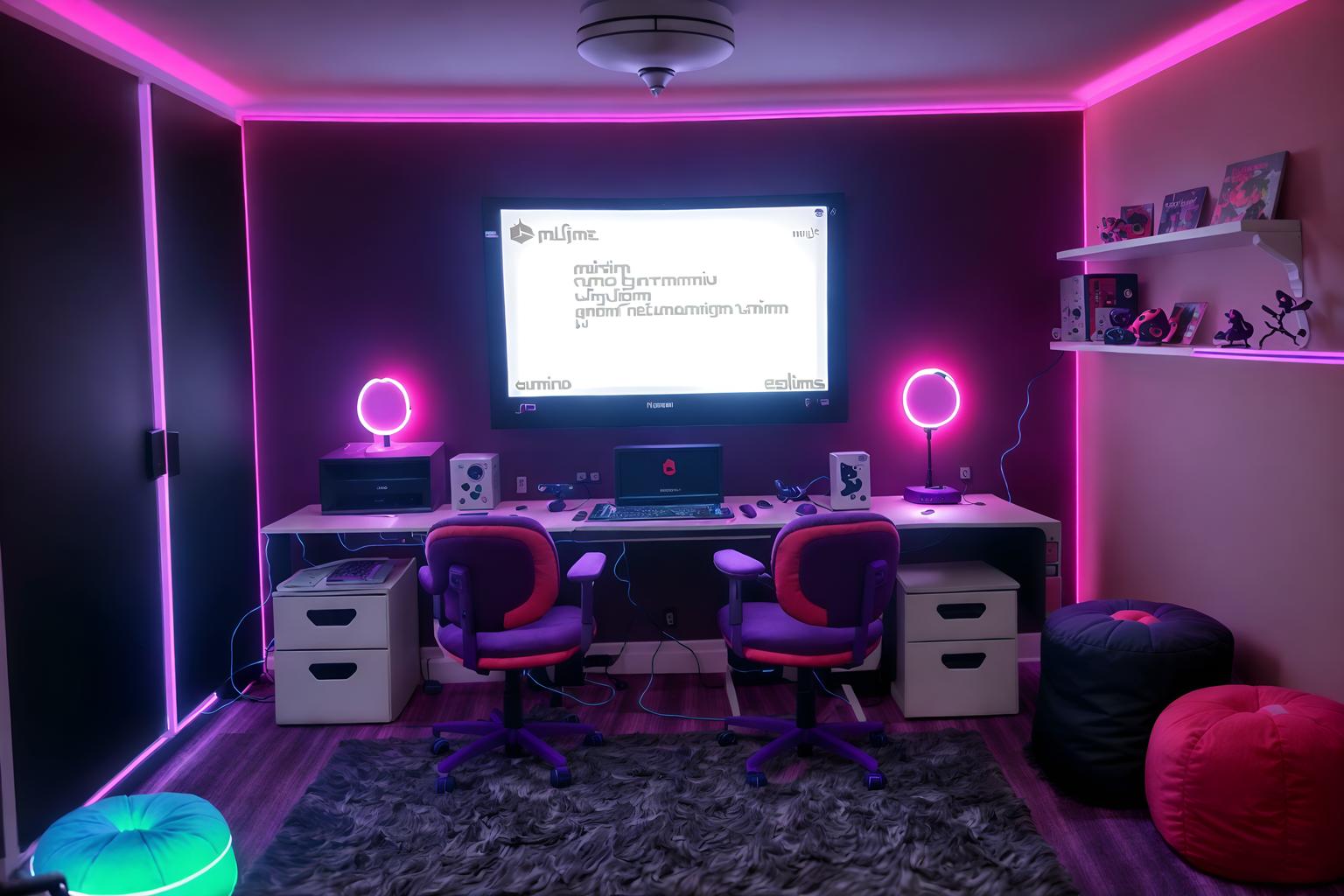 gaming room-style (kids room interior) with kids desk and bed and accent chair and mirror and dresser closet and storage bench or ottoman and night light and plant. . with dark walls and neon lights and purple, red and blue fade light and purple and red lights and gaming chair and at night and computer desk with computer displays and keyboard and speakers. . cinematic photo, highly detailed, cinematic lighting, ultra-detailed, ultrarealistic, photorealism, 8k. gaming room interior design style. masterpiece, cinematic light, ultrarealistic+, photorealistic+, 8k, raw photo, realistic, sharp focus on eyes, (symmetrical eyes), (intact eyes), hyperrealistic, highest quality, best quality, , highly detailed, masterpiece, best quality, extremely detailed 8k wallpaper, masterpiece, best quality, ultra-detailed, best shadow, detailed background, detailed face, detailed eyes, high contrast, best illumination, detailed face, dulux, caustic, dynamic angle, detailed glow. dramatic lighting. highly detailed, insanely detailed hair, symmetrical, intricate details, professionally retouched, 8k high definition. strong bokeh. award winning photo.