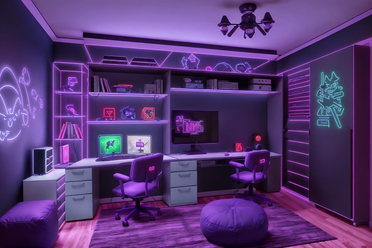 gaming room-style (kids room interior) with kids desk and bed and accent chair and mirror and dresser closet and storage bench or ottoman and night light and plant. . with dark walls and neon lights and purple, red and blue fade light and purple and red lights and gaming chair and at night and computer desk with computer displays and keyboard and speakers. . cinematic photo, highly detailed, cinematic lighting, ultra-detailed, ultrarealistic, photorealism, 8k. gaming room interior design style. masterpiece, cinematic light, ultrarealistic+, photorealistic+, 8k, raw photo, realistic, sharp focus on eyes, (symmetrical eyes), (intact eyes), hyperrealistic, highest quality, best quality, , highly detailed, masterpiece, best quality, extremely detailed 8k wallpaper, masterpiece, best quality, ultra-detailed, best shadow, detailed background, detailed face, detailed eyes, high contrast, best illumination, detailed face, dulux, caustic, dynamic angle, detailed glow. dramatic lighting. highly detailed, insanely detailed hair, symmetrical, intricate details, professionally retouched, 8k high definition. strong bokeh. award winning photo.