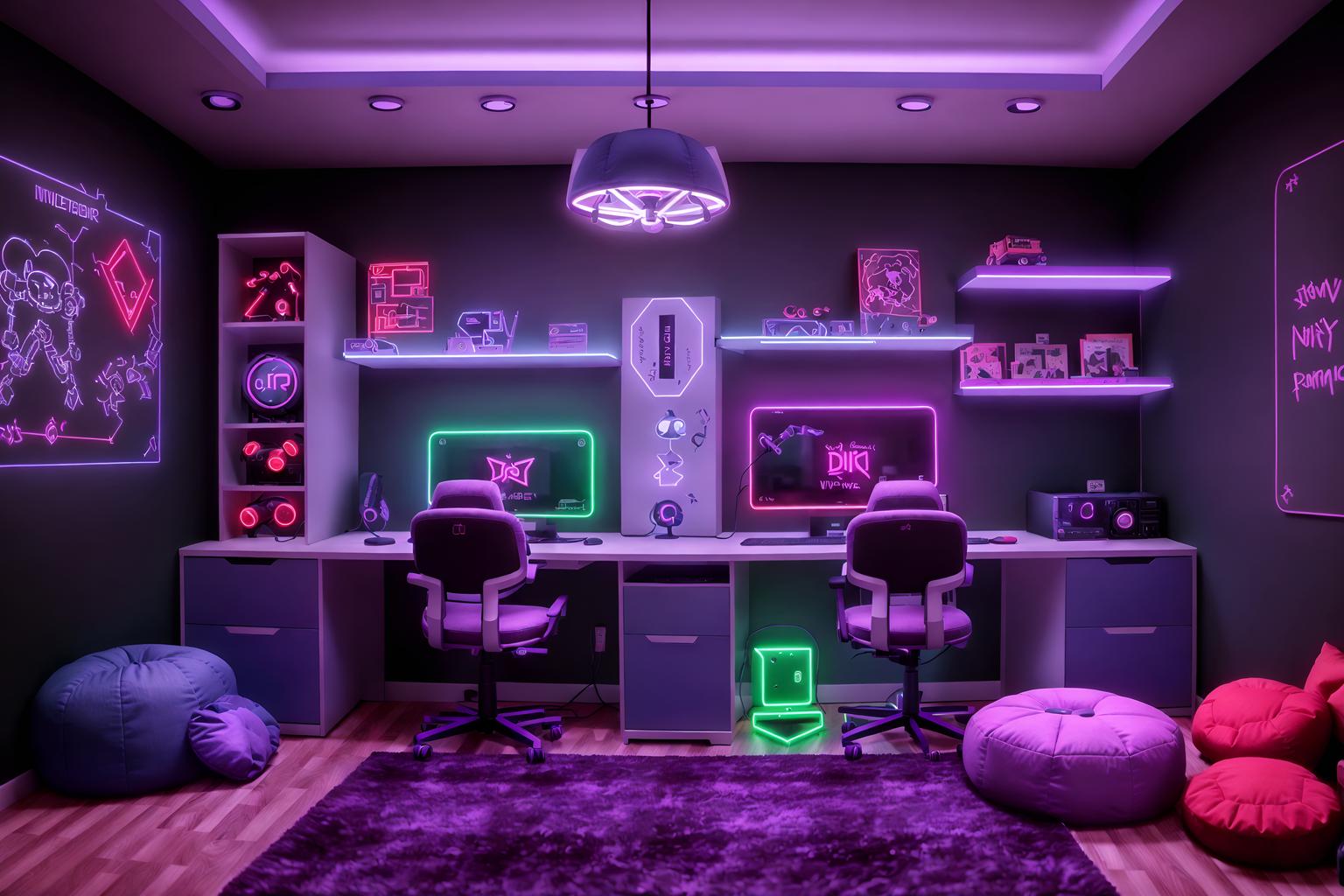 gaming room-style (kids room interior) with kids desk and bed and accent chair and mirror and dresser closet and storage bench or ottoman and night light and plant. . with dark walls and neon lights and purple, red and blue fade light and purple and red lights and gaming chair and at night and computer desk with computer displays and keyboard and speakers. . cinematic photo, highly detailed, cinematic lighting, ultra-detailed, ultrarealistic, photorealism, 8k. gaming room interior design style. masterpiece, cinematic light, ultrarealistic+, photorealistic+, 8k, raw photo, realistic, sharp focus on eyes, (symmetrical eyes), (intact eyes), hyperrealistic, highest quality, best quality, , highly detailed, masterpiece, best quality, extremely detailed 8k wallpaper, masterpiece, best quality, ultra-detailed, best shadow, detailed background, detailed face, detailed eyes, high contrast, best illumination, detailed face, dulux, caustic, dynamic angle, detailed glow. dramatic lighting. highly detailed, insanely detailed hair, symmetrical, intricate details, professionally retouched, 8k high definition. strong bokeh. award winning photo.