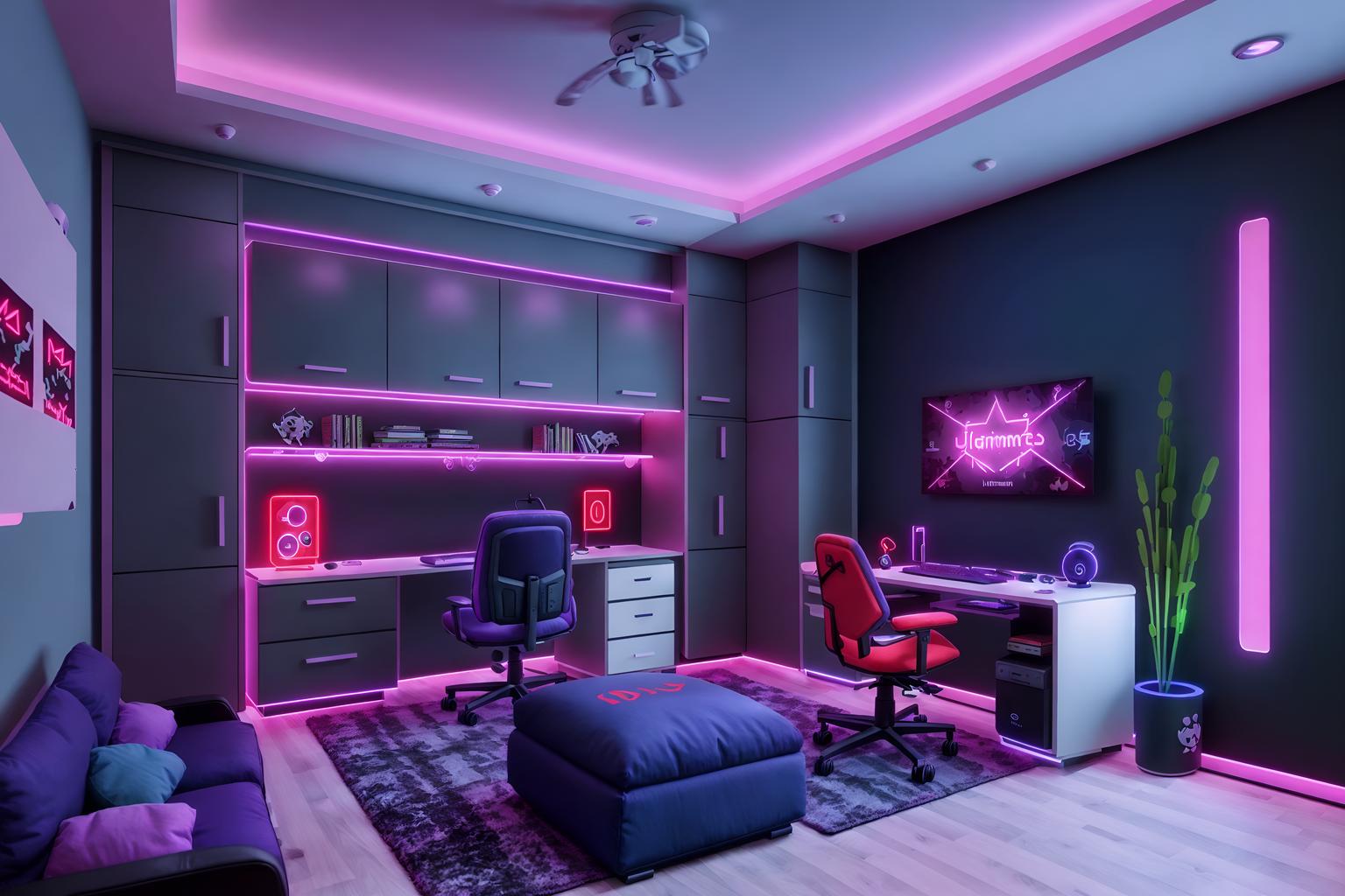 gaming room-style (kids room interior) with kids desk and bed and accent chair and mirror and dresser closet and storage bench or ottoman and night light and plant. . with dark walls and neon lights and purple, red and blue fade light and purple and red lights and gaming chair and at night and computer desk with computer displays and keyboard and speakers. . cinematic photo, highly detailed, cinematic lighting, ultra-detailed, ultrarealistic, photorealism, 8k. gaming room interior design style. masterpiece, cinematic light, ultrarealistic+, photorealistic+, 8k, raw photo, realistic, sharp focus on eyes, (symmetrical eyes), (intact eyes), hyperrealistic, highest quality, best quality, , highly detailed, masterpiece, best quality, extremely detailed 8k wallpaper, masterpiece, best quality, ultra-detailed, best shadow, detailed background, detailed face, detailed eyes, high contrast, best illumination, detailed face, dulux, caustic, dynamic angle, detailed glow. dramatic lighting. highly detailed, insanely detailed hair, symmetrical, intricate details, professionally retouched, 8k high definition. strong bokeh. award winning photo.