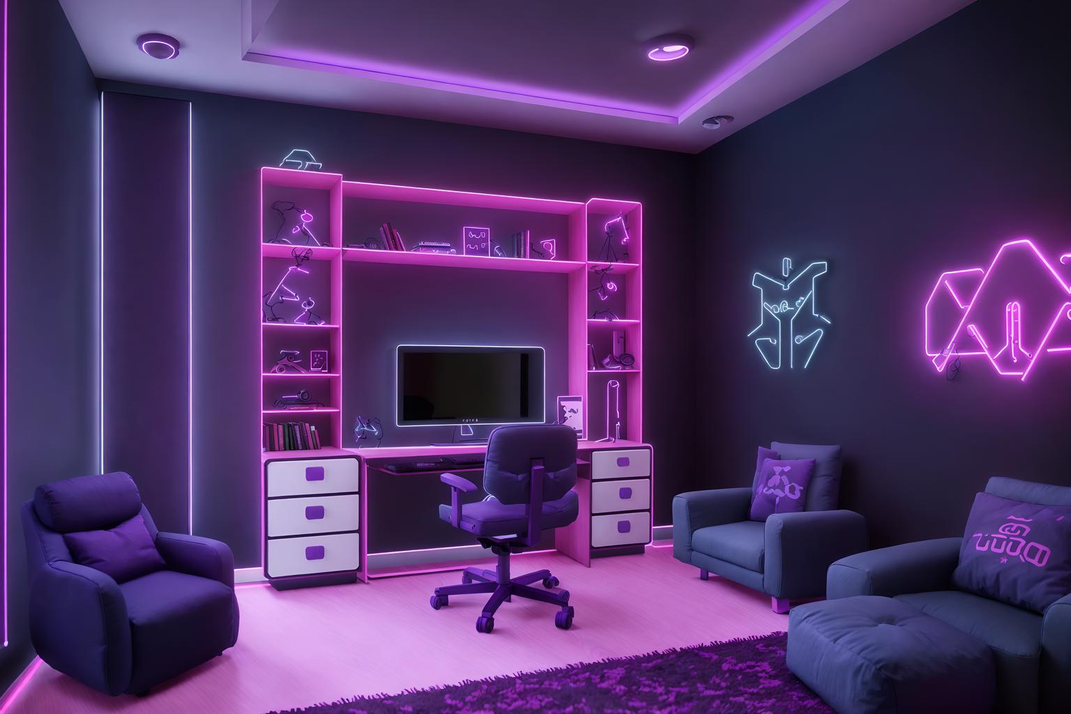 gaming room-style (kids room interior) with kids desk and bed and accent chair and mirror and dresser closet and storage bench or ottoman and night light and plant. . with dark walls and neon lights and purple, red and blue fade light and purple and red lights and gaming chair and at night and computer desk with computer displays and keyboard and speakers. . cinematic photo, highly detailed, cinematic lighting, ultra-detailed, ultrarealistic, photorealism, 8k. gaming room interior design style. masterpiece, cinematic light, ultrarealistic+, photorealistic+, 8k, raw photo, realistic, sharp focus on eyes, (symmetrical eyes), (intact eyes), hyperrealistic, highest quality, best quality, , highly detailed, masterpiece, best quality, extremely detailed 8k wallpaper, masterpiece, best quality, ultra-detailed, best shadow, detailed background, detailed face, detailed eyes, high contrast, best illumination, detailed face, dulux, caustic, dynamic angle, detailed glow. dramatic lighting. highly detailed, insanely detailed hair, symmetrical, intricate details, professionally retouched, 8k high definition. strong bokeh. award winning photo.