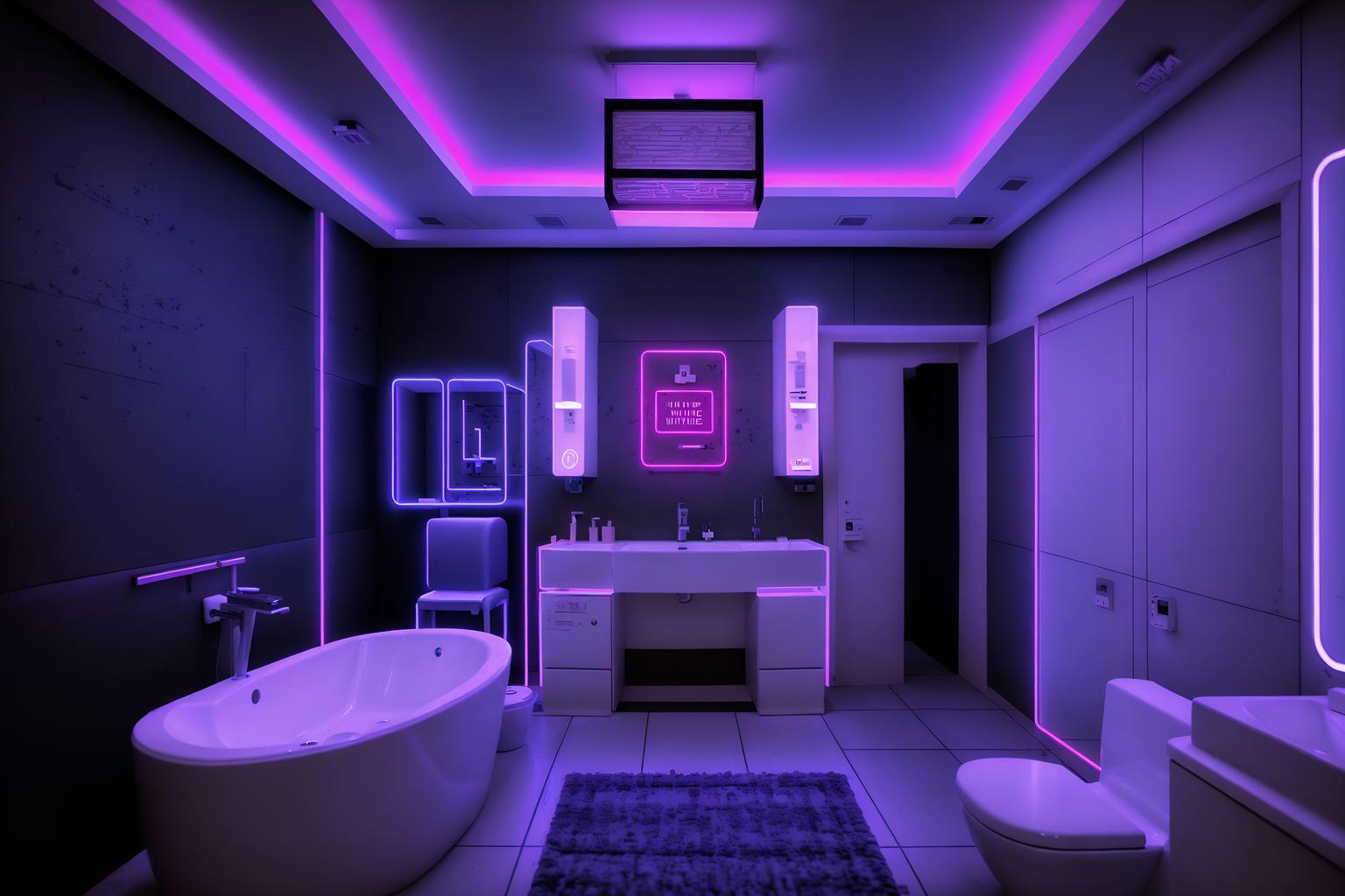 gaming room-style (hotel bathroom interior) with bathroom sink with faucet and toilet seat and waste basket and bath rail and bathtub and shower and bathroom cabinet and plant. . with at night and dark walls and neon letters on wall and purple, red and blue fade light and computer desk with computer displays and keyboard and neon lights and speakers and dark room. . cinematic photo, highly detailed, cinematic lighting, ultra-detailed, ultrarealistic, photorealism, 8k. gaming room interior design style. masterpiece, cinematic light, ultrarealistic+, photorealistic+, 8k, raw photo, realistic, sharp focus on eyes, (symmetrical eyes), (intact eyes), hyperrealistic, highest quality, best quality, , highly detailed, masterpiece, best quality, extremely detailed 8k wallpaper, masterpiece, best quality, ultra-detailed, best shadow, detailed background, detailed face, detailed eyes, high contrast, best illumination, detailed face, dulux, caustic, dynamic angle, detailed glow. dramatic lighting. highly detailed, insanely detailed hair, symmetrical, intricate details, professionally retouched, 8k high definition. strong bokeh. award winning photo.