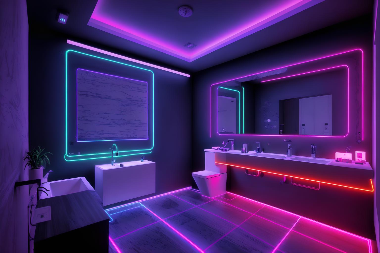 gaming room-style (hotel bathroom interior) with bathroom sink with faucet and toilet seat and waste basket and bath rail and bathtub and shower and bathroom cabinet and plant. . with at night and dark walls and neon letters on wall and purple, red and blue fade light and computer desk with computer displays and keyboard and neon lights and speakers and dark room. . cinematic photo, highly detailed, cinematic lighting, ultra-detailed, ultrarealistic, photorealism, 8k. gaming room interior design style. masterpiece, cinematic light, ultrarealistic+, photorealistic+, 8k, raw photo, realistic, sharp focus on eyes, (symmetrical eyes), (intact eyes), hyperrealistic, highest quality, best quality, , highly detailed, masterpiece, best quality, extremely detailed 8k wallpaper, masterpiece, best quality, ultra-detailed, best shadow, detailed background, detailed face, detailed eyes, high contrast, best illumination, detailed face, dulux, caustic, dynamic angle, detailed glow. dramatic lighting. highly detailed, insanely detailed hair, symmetrical, intricate details, professionally retouched, 8k high definition. strong bokeh. award winning photo.